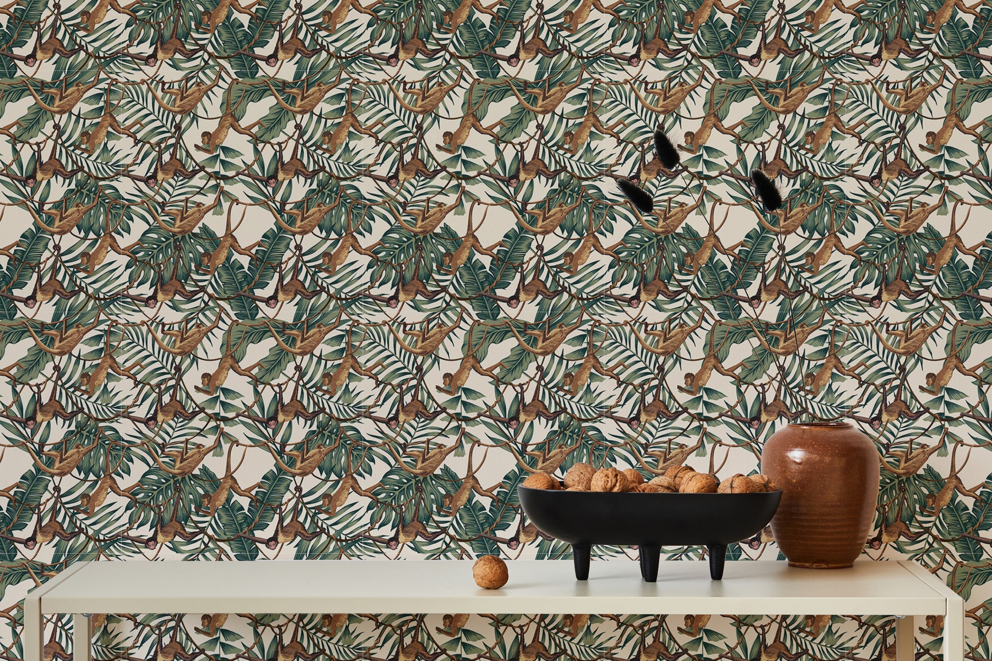 Colorful monkey repeat pattern wallpaper for fun interiors