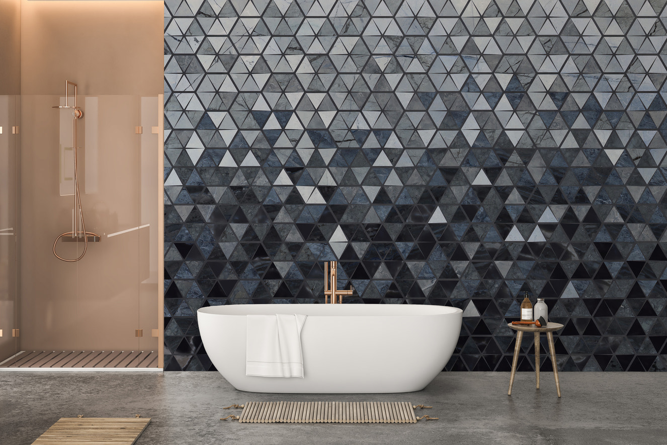 Blue geometric triangle wall mural design.
