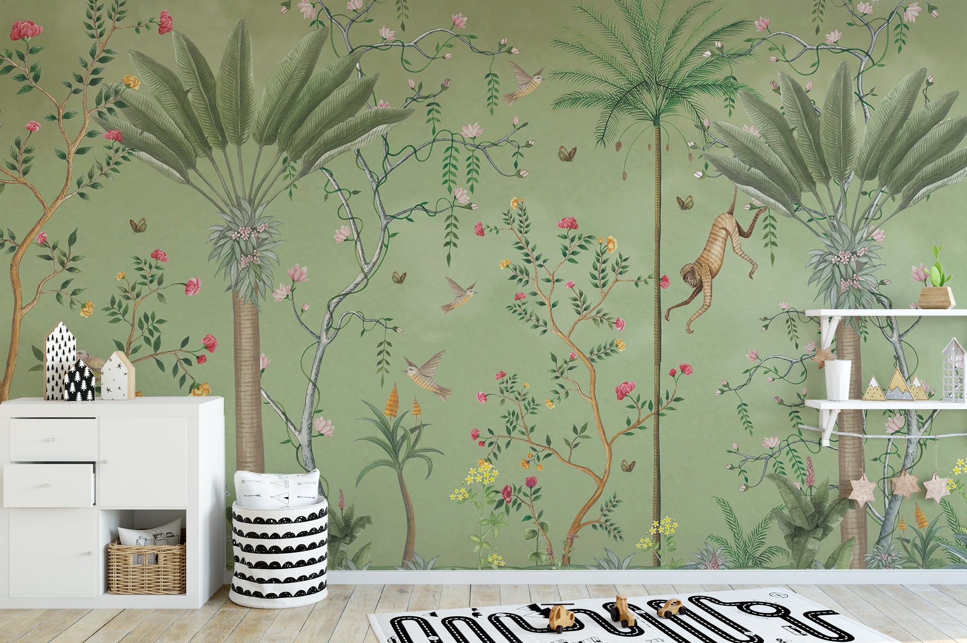 Vibrant green tropical chinoiserie wallpaper for rooms
