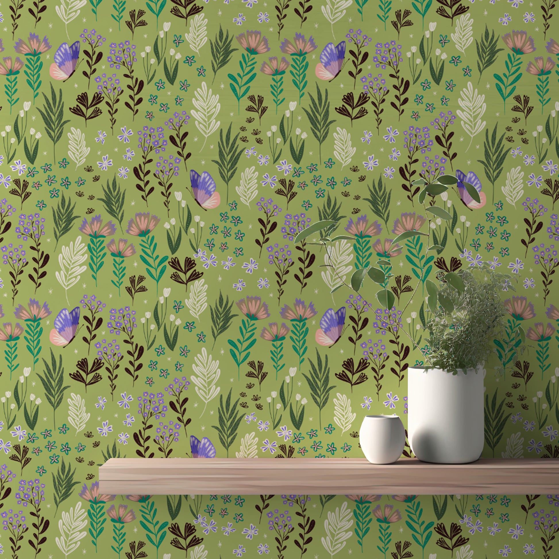 Green-themed wallpaper showcasing butterflies in a meadow
