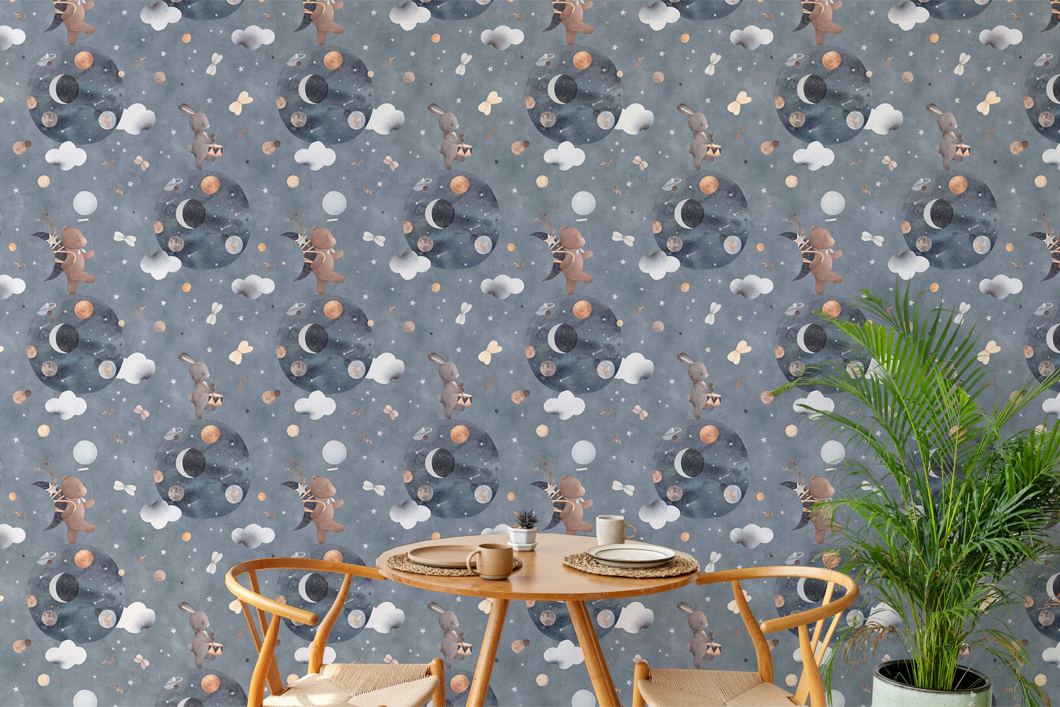 Whimsical space-themed wallpaper with bunny and bear