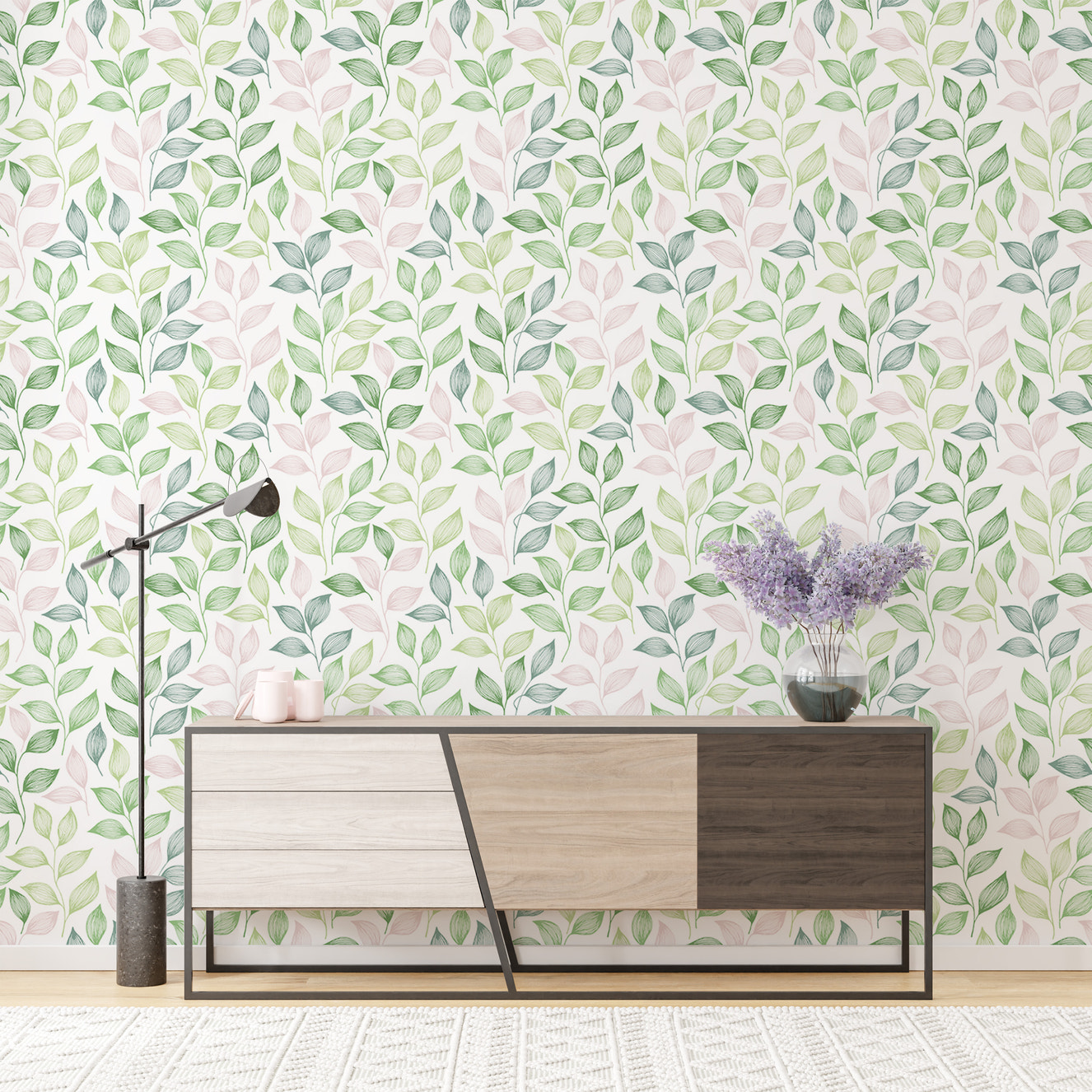 Pink and Green Color Leaves Repeat Pattern Wallpaper