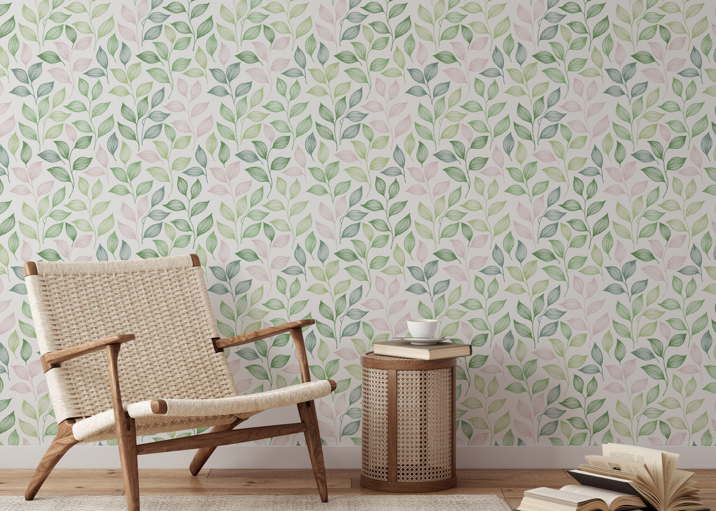 Pink and Green Color Leaves Repeat Pattern Wallpaper