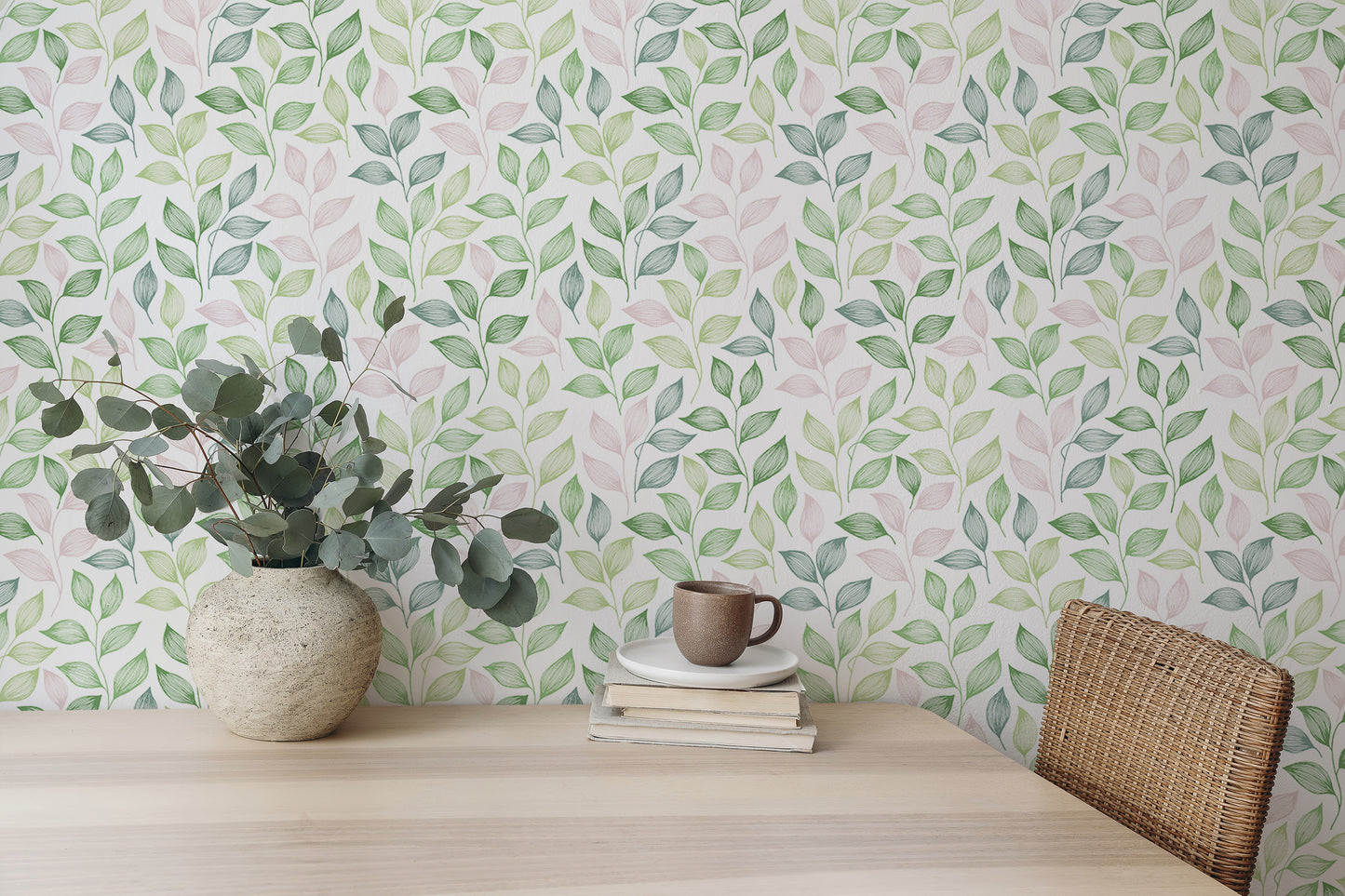 Pink and Green Color Leaves Repeat Pattern Wallpaper