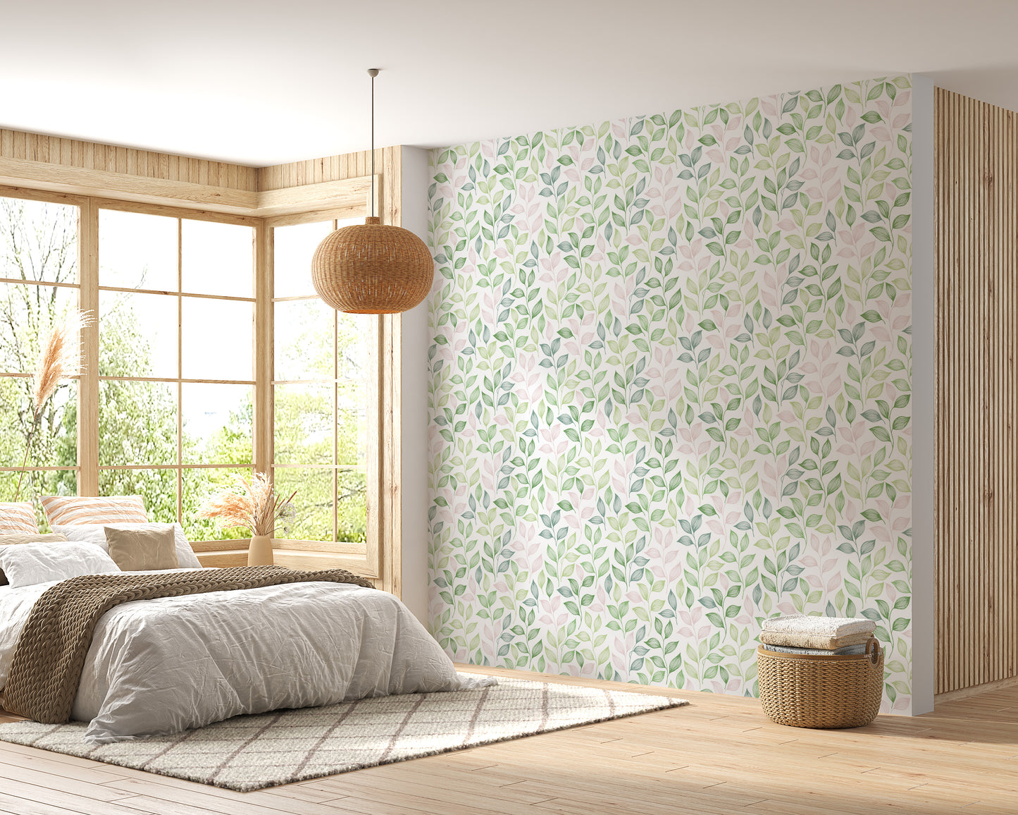 Pink and Green Color Leaves Repeat Pattern Wallpaper