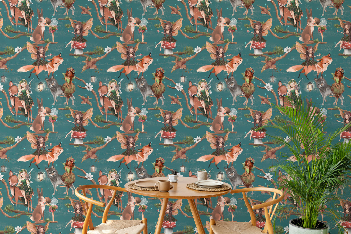 Enchanted forest wallpaper with fairies and animals