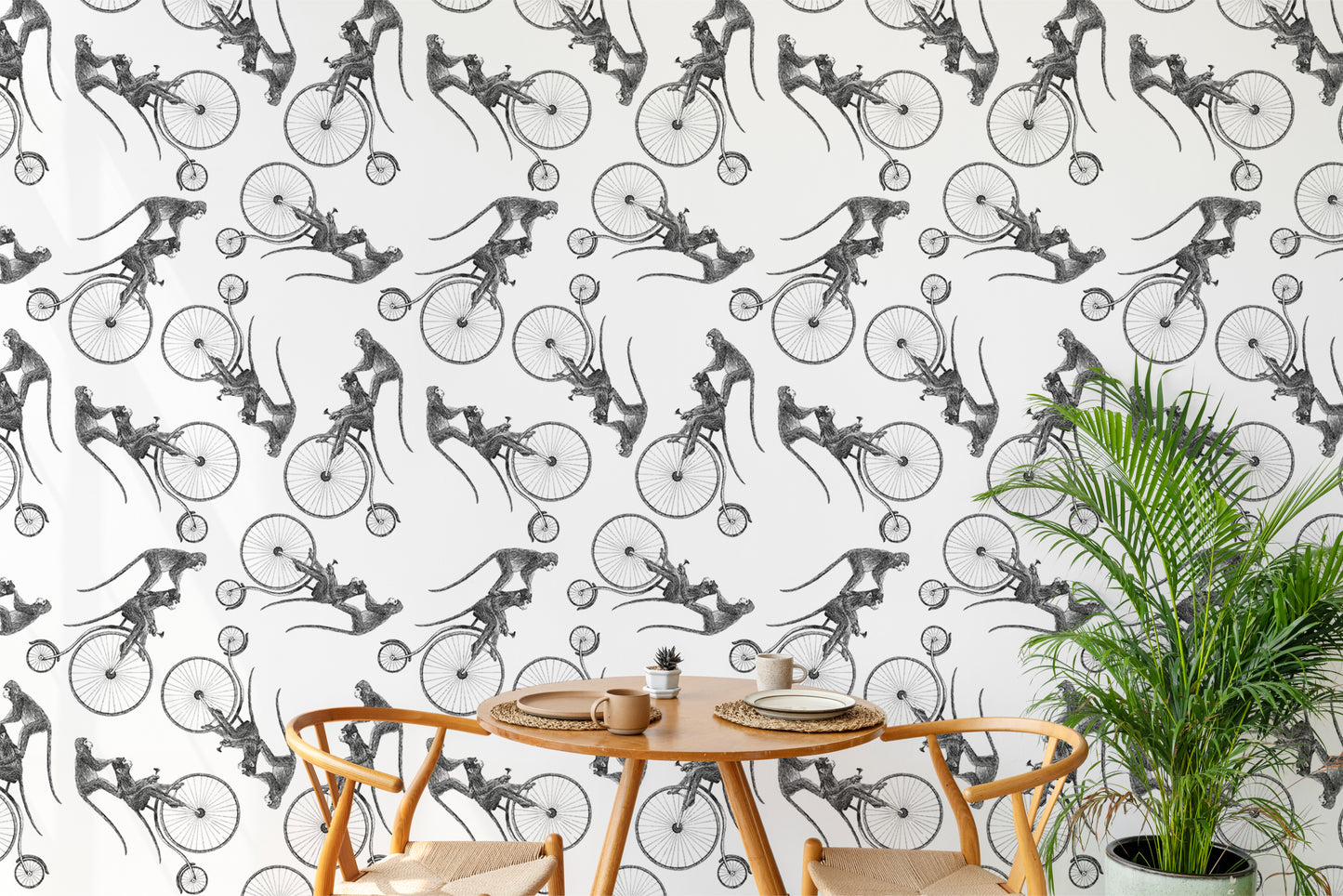 Repeat pattern wallpaper featuring playful monkeys