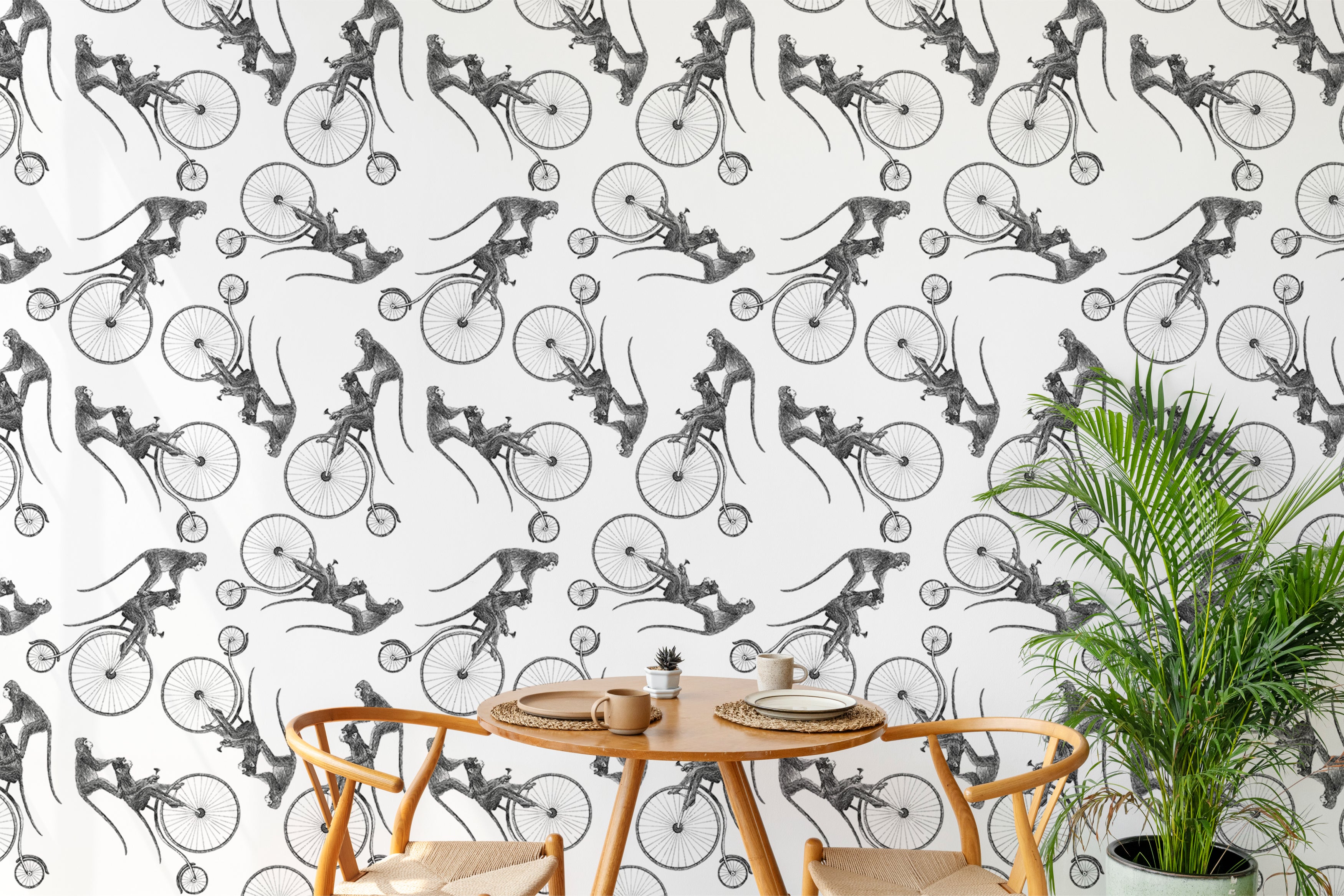 Repeat pattern wallpaper featuring playful monkeys