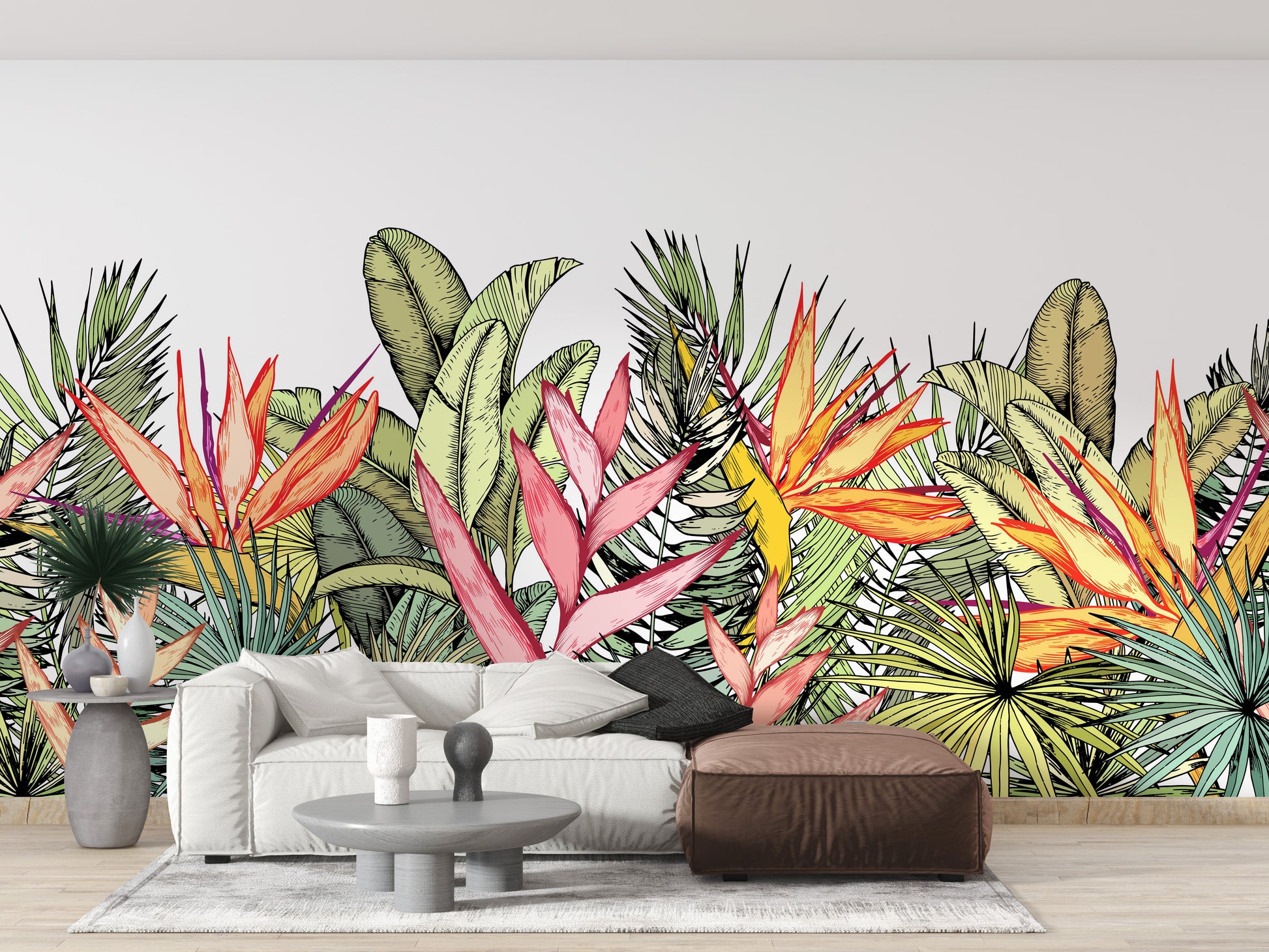 Lush tropical leaves mural wallpaper design
