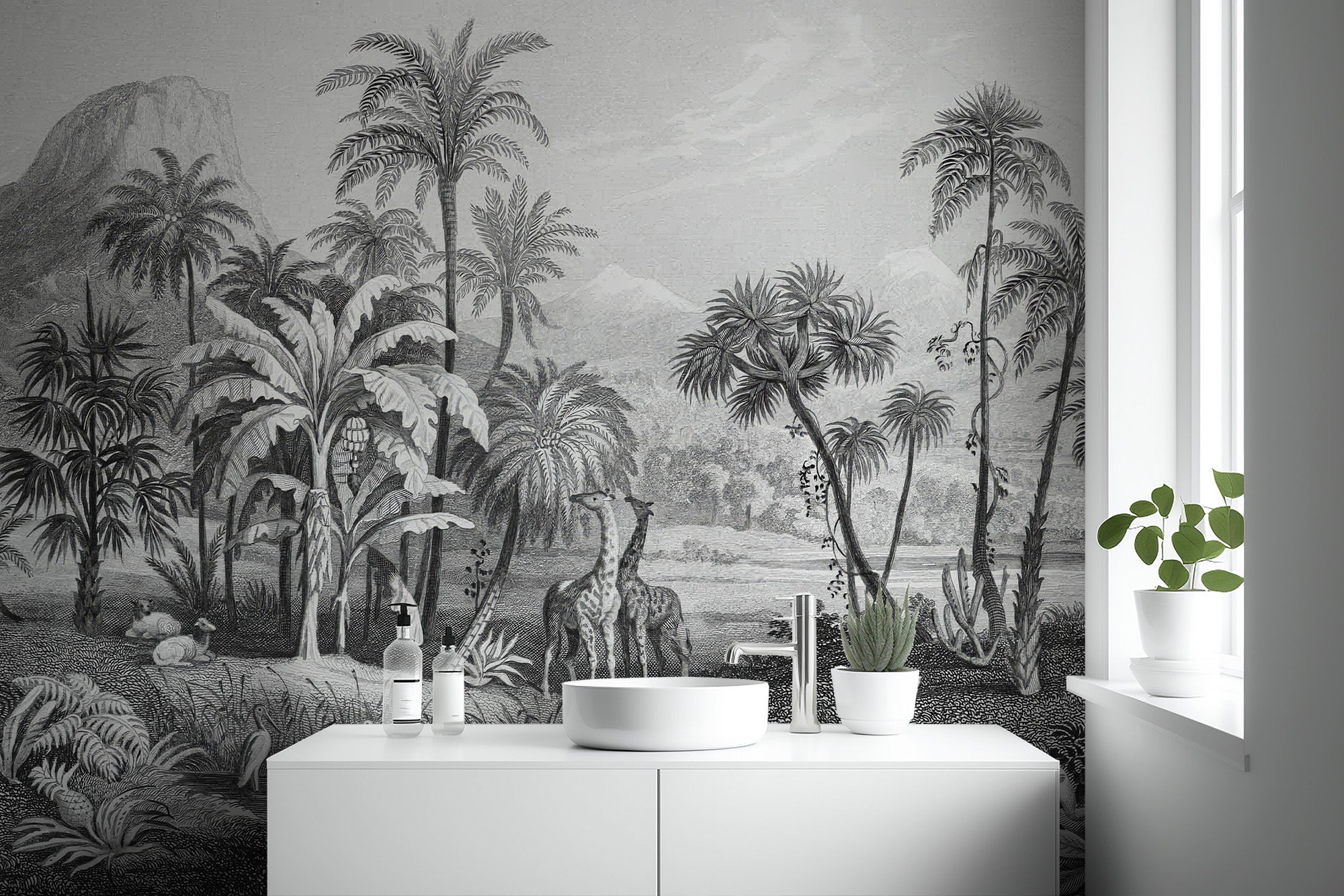 Minimalist monochrome wallpaper showcasing tropical jungle plants
