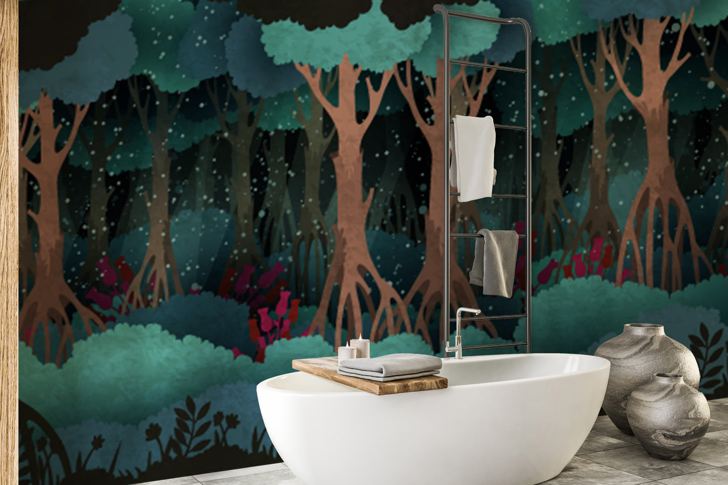 Whimsical forest mural for cozy vibes
