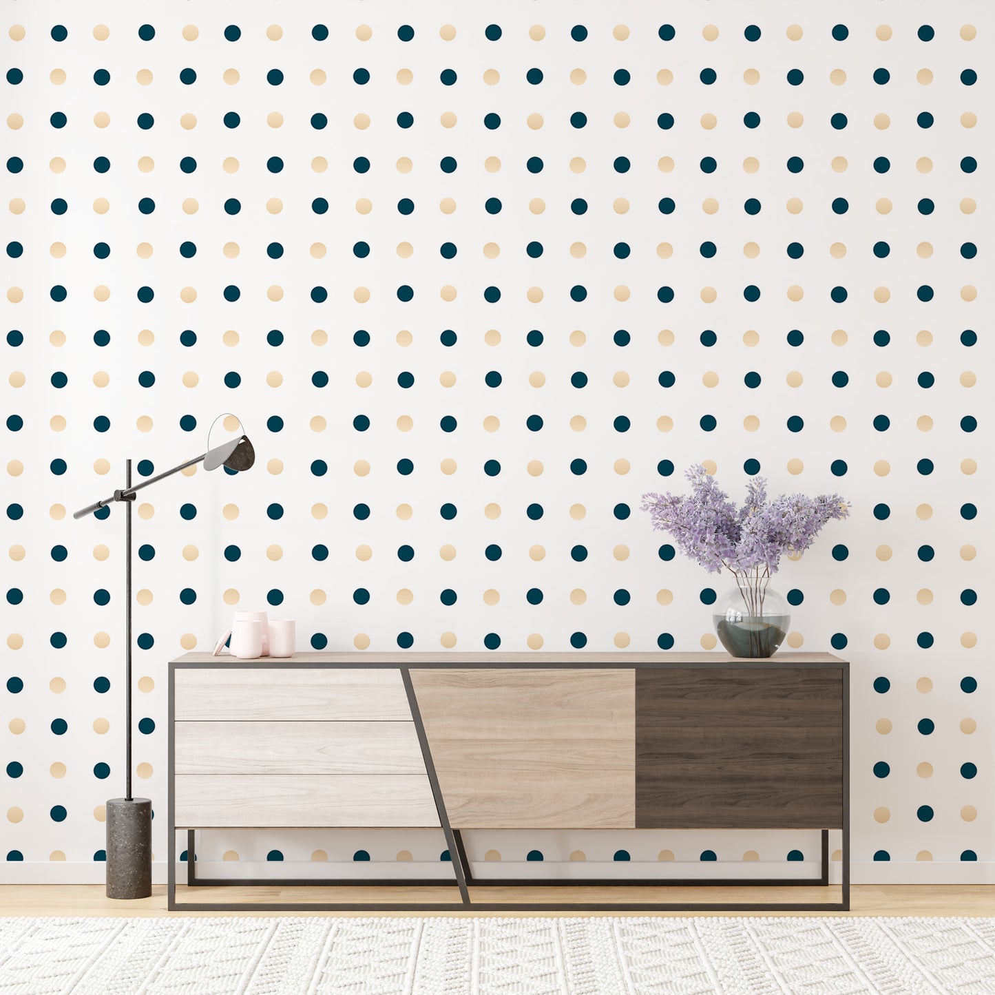 Dark Blue and Golden Polka Dots White Background Wallpaper