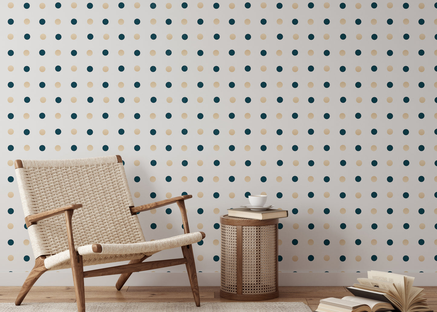 Dark Blue and Golden Polka Dots White Background Wallpaper