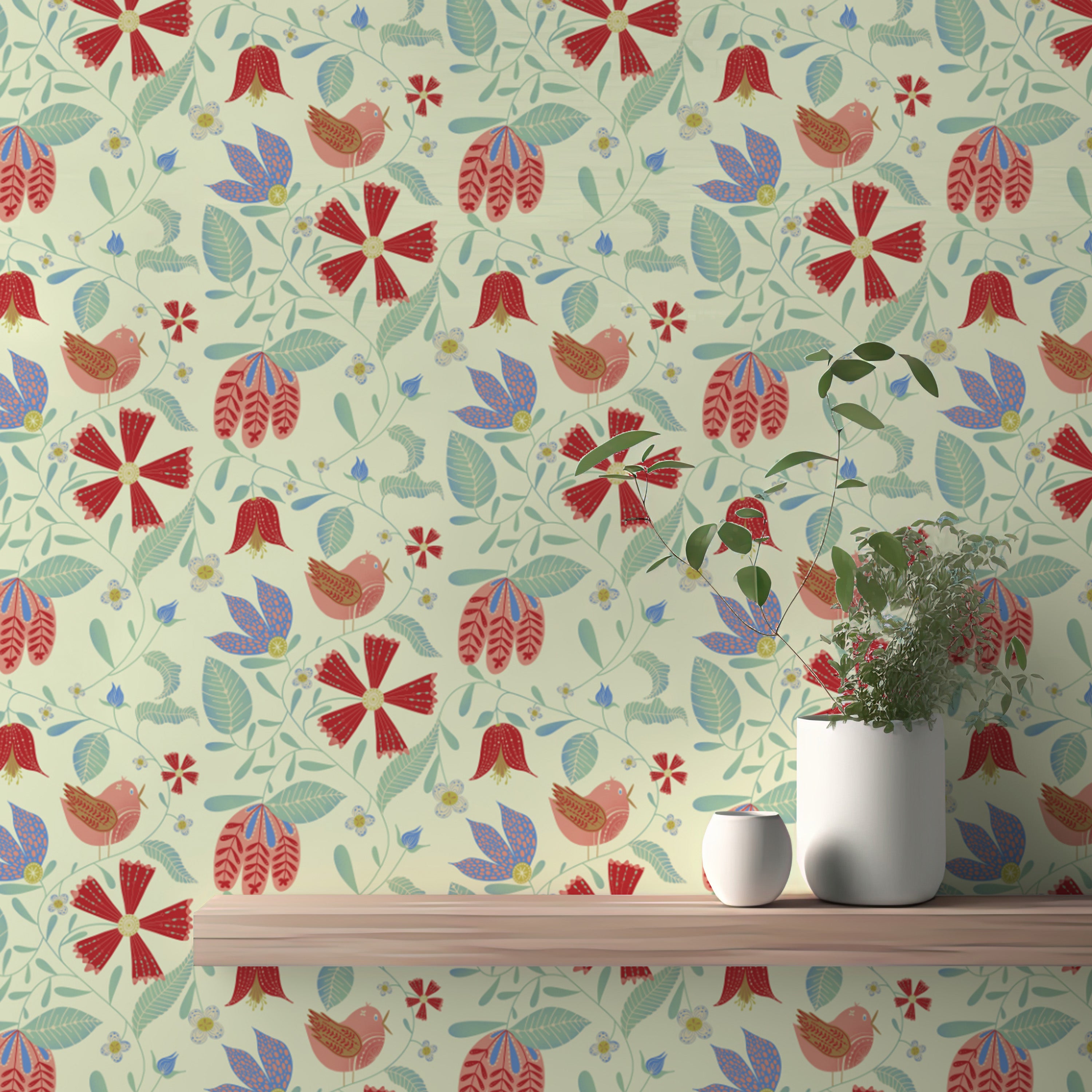 Nature-inspired folksy bird wallpaper for cozy interiors
