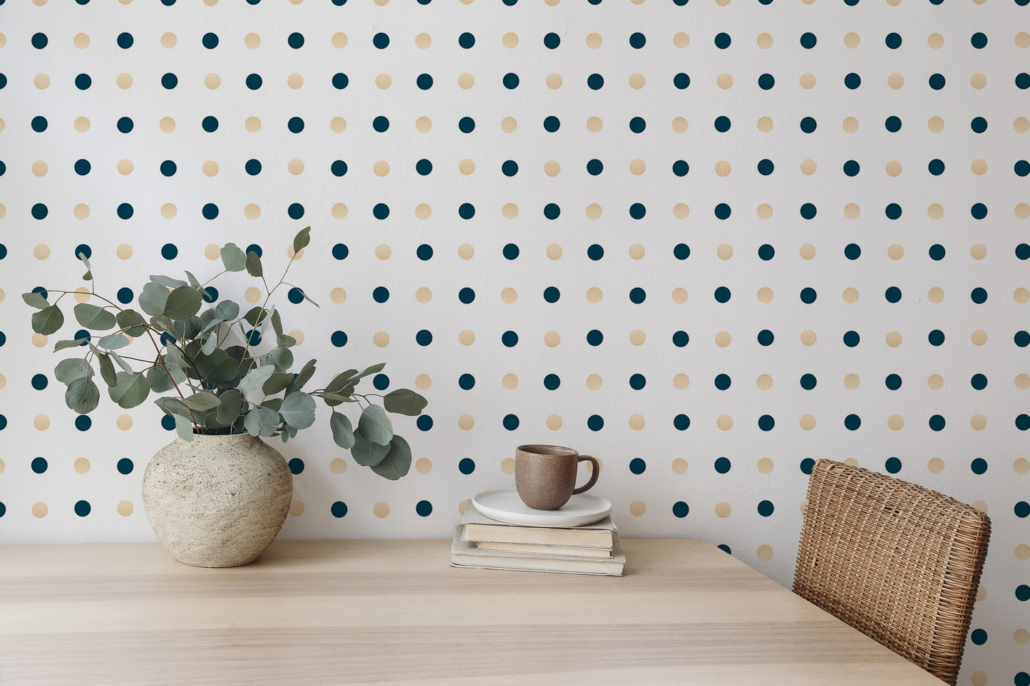 Dark Blue and Golden Polka Dots White Background Wallpaper