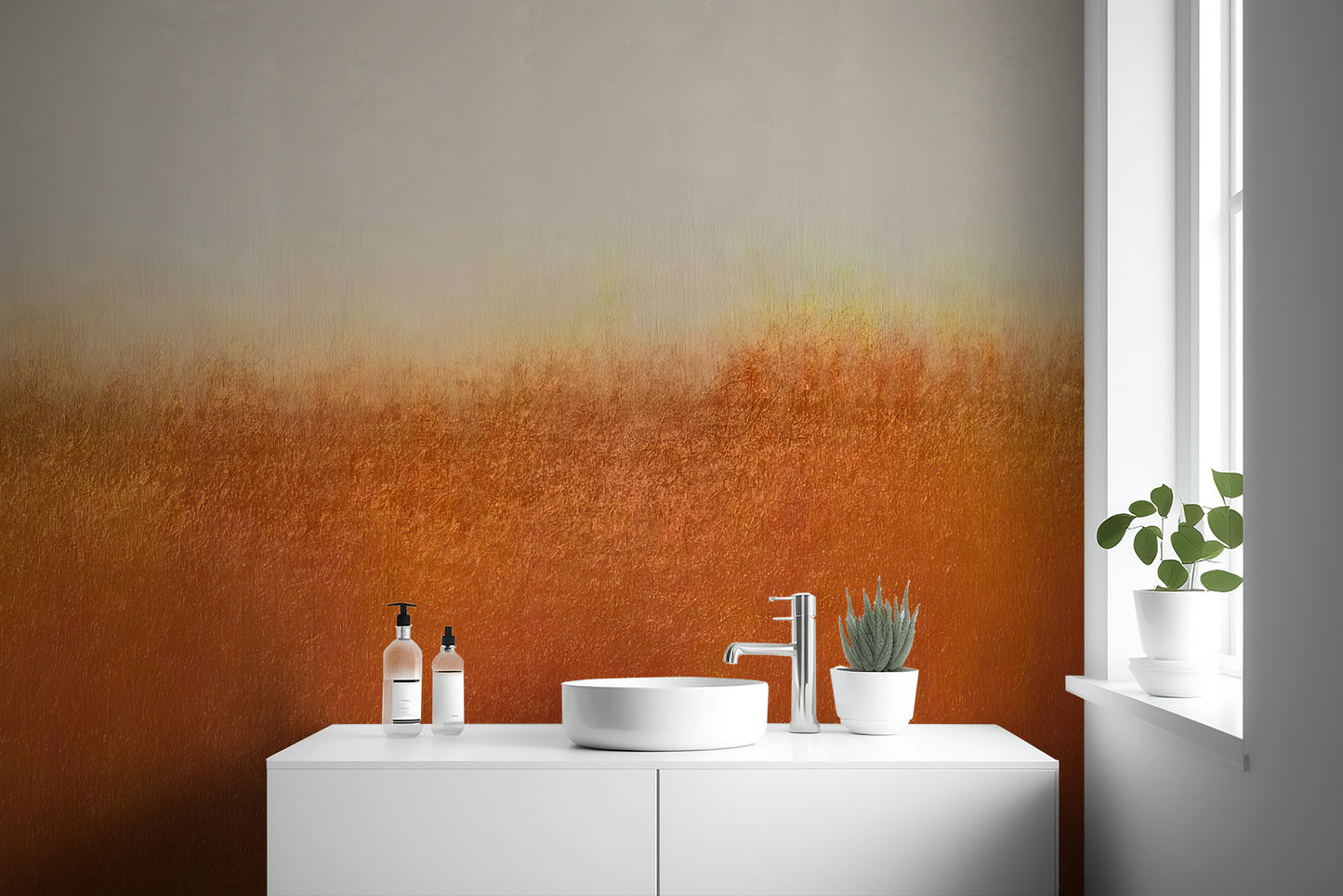 Distressed orange ombre mural for a bold, industrial look
