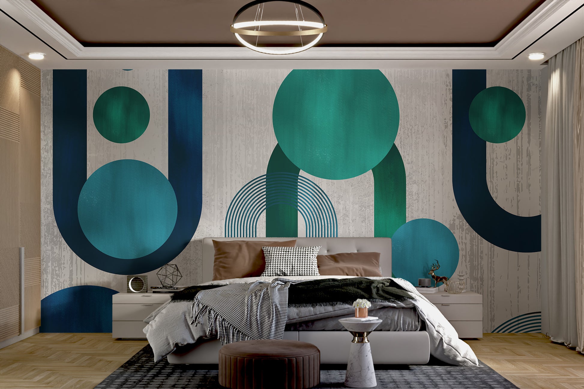 Teal and blue geometric wallpaper with circles
