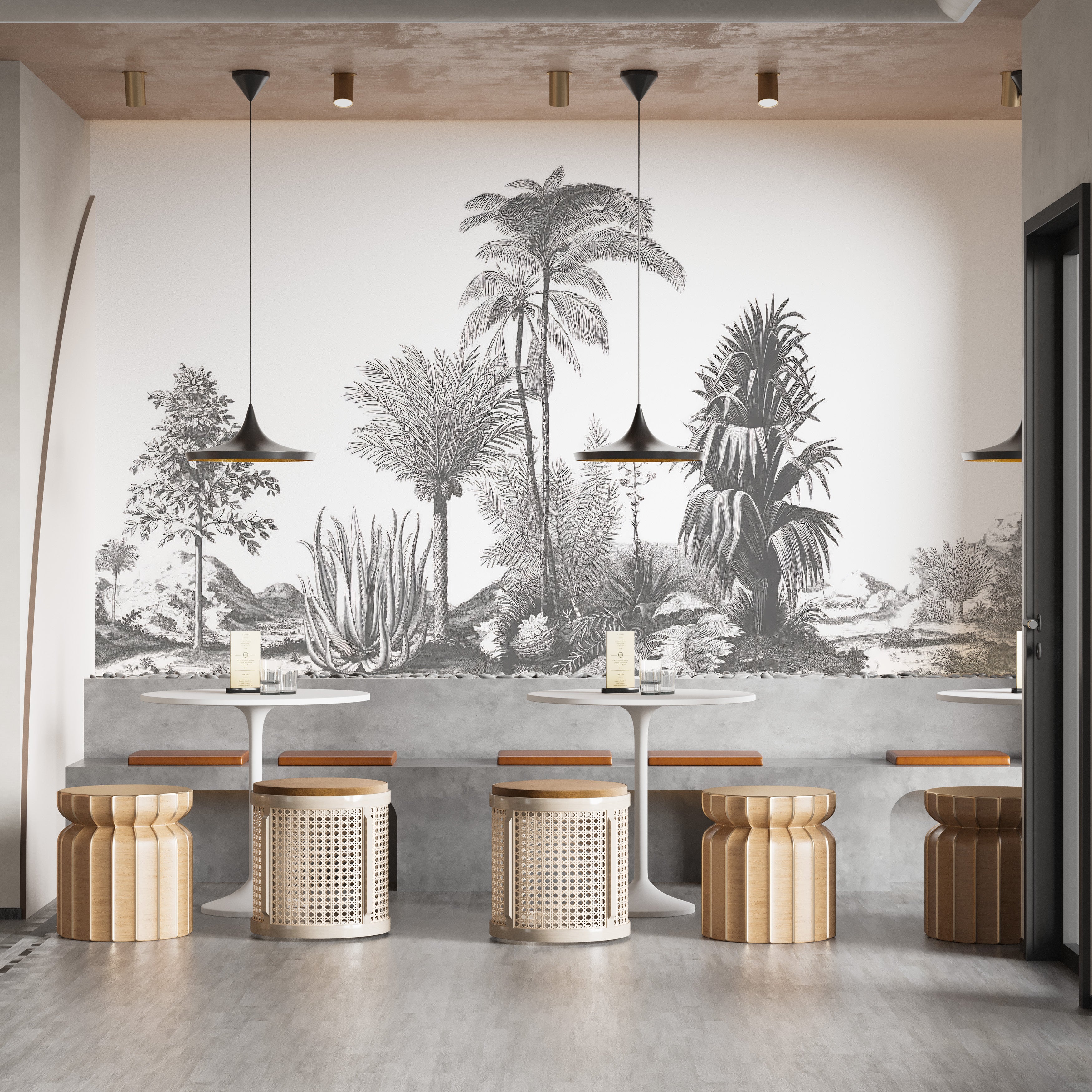 Grey-themed palm mural with a tranquil feel