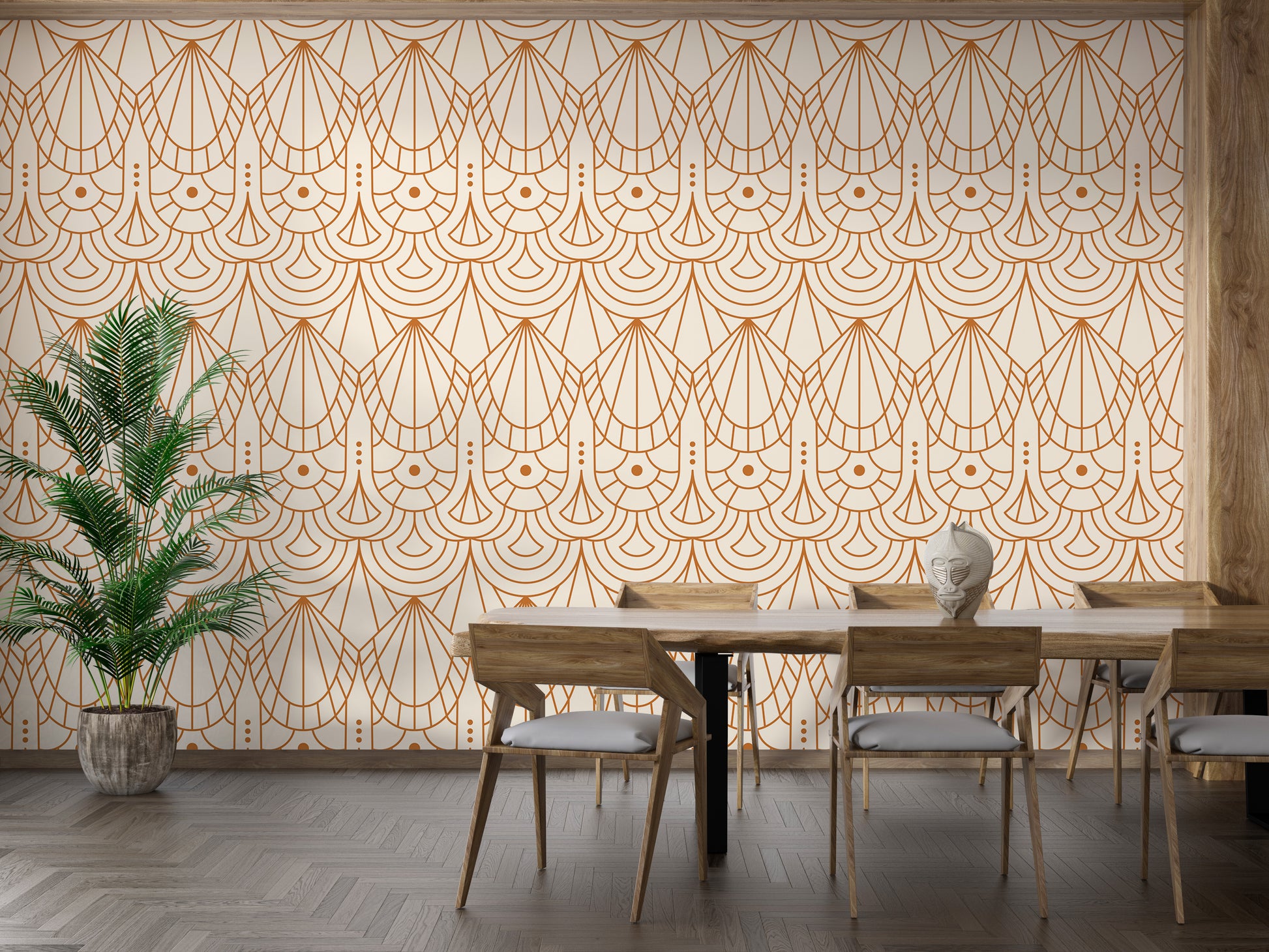 Repeating Deco patterns in beige and orange.