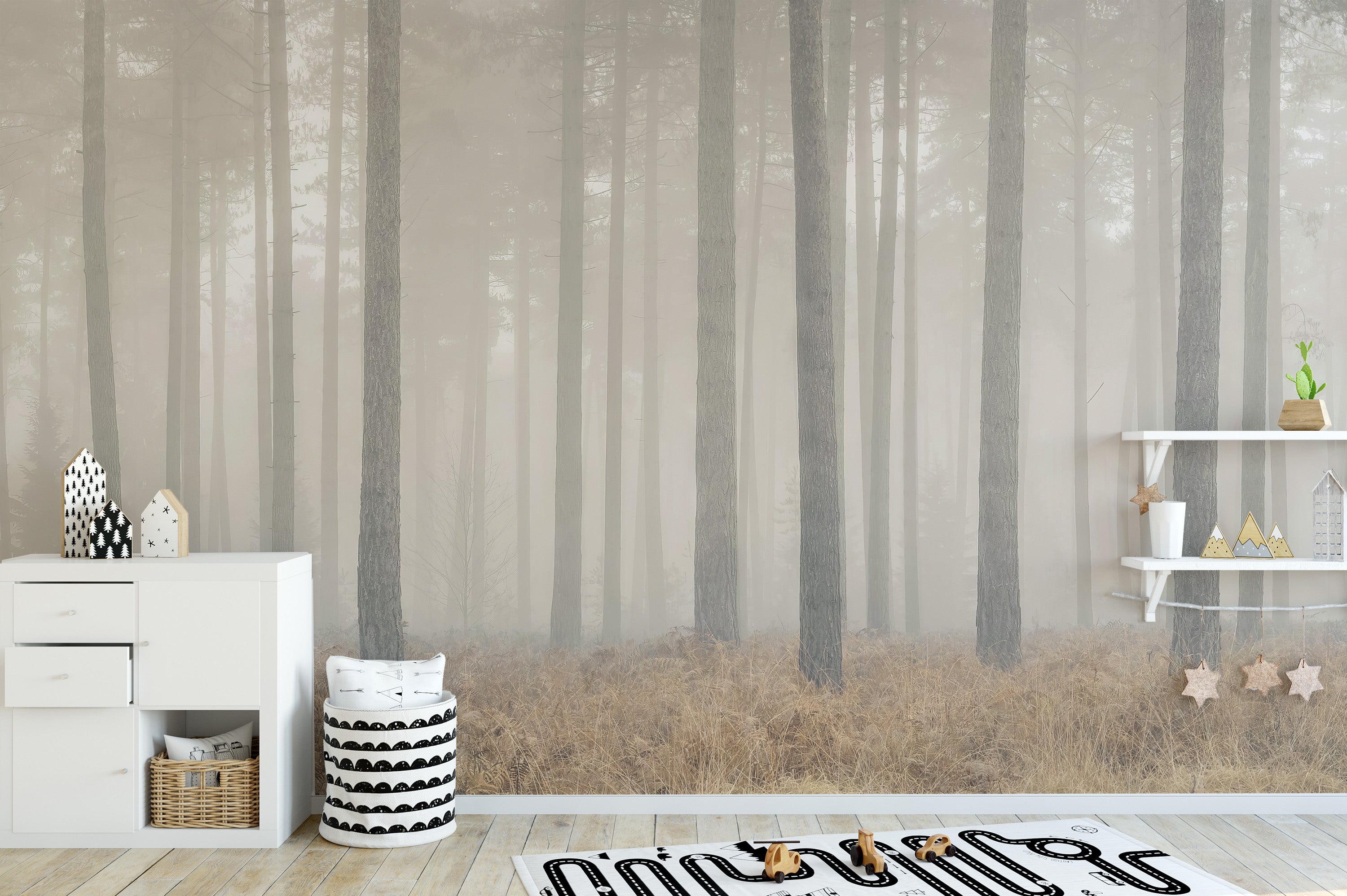 Removable misty forest wallpaper for tranquil interiors