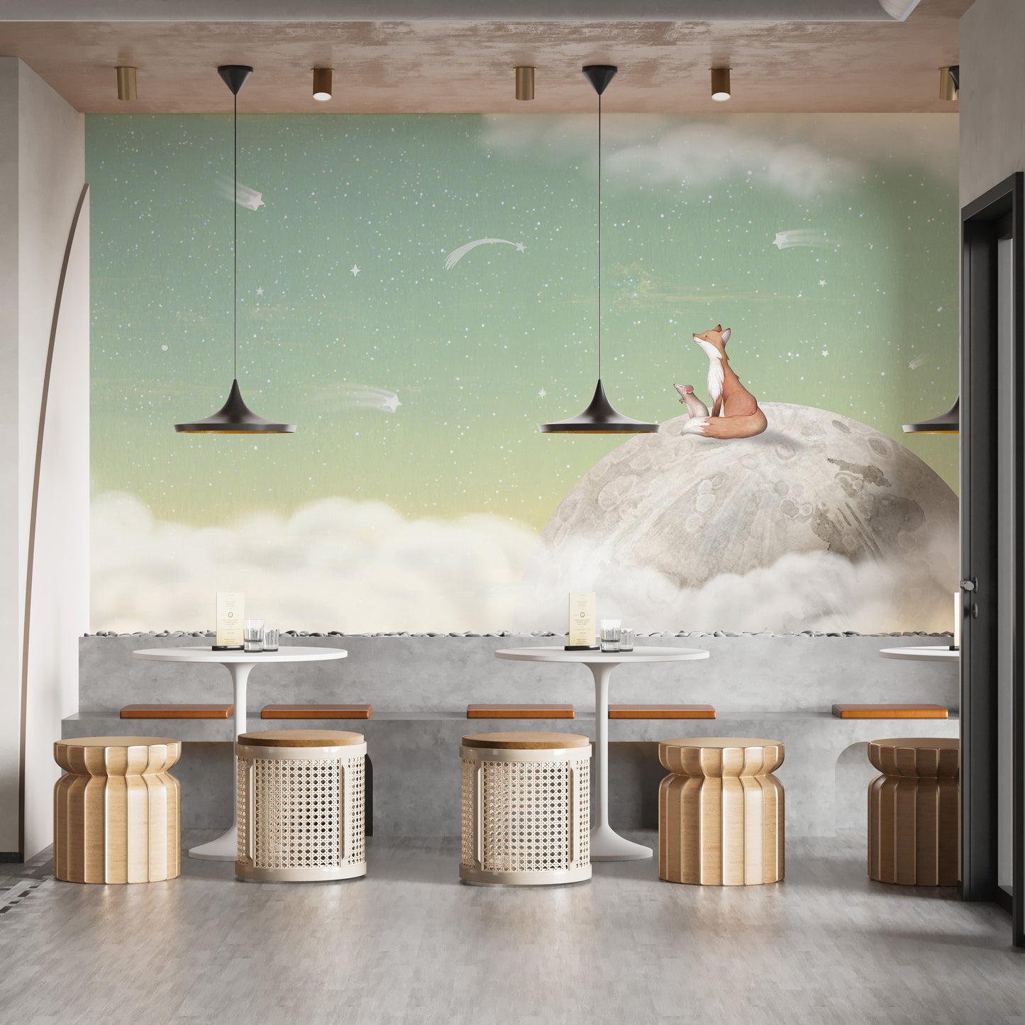 Playful wall mural with a fox on the moon for kids' spaces
