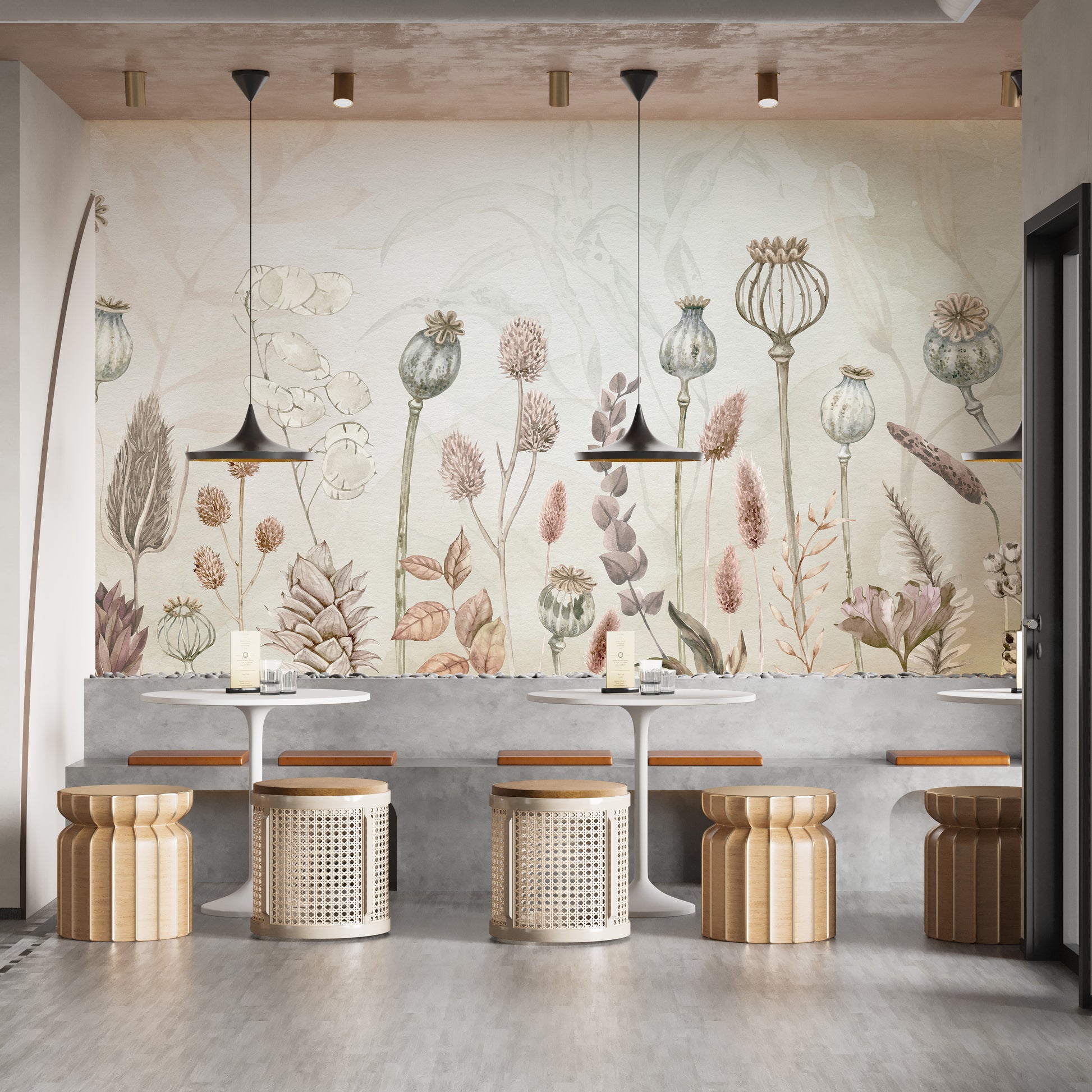 Watercolor wall mural showcasing delicate autumnal florals
