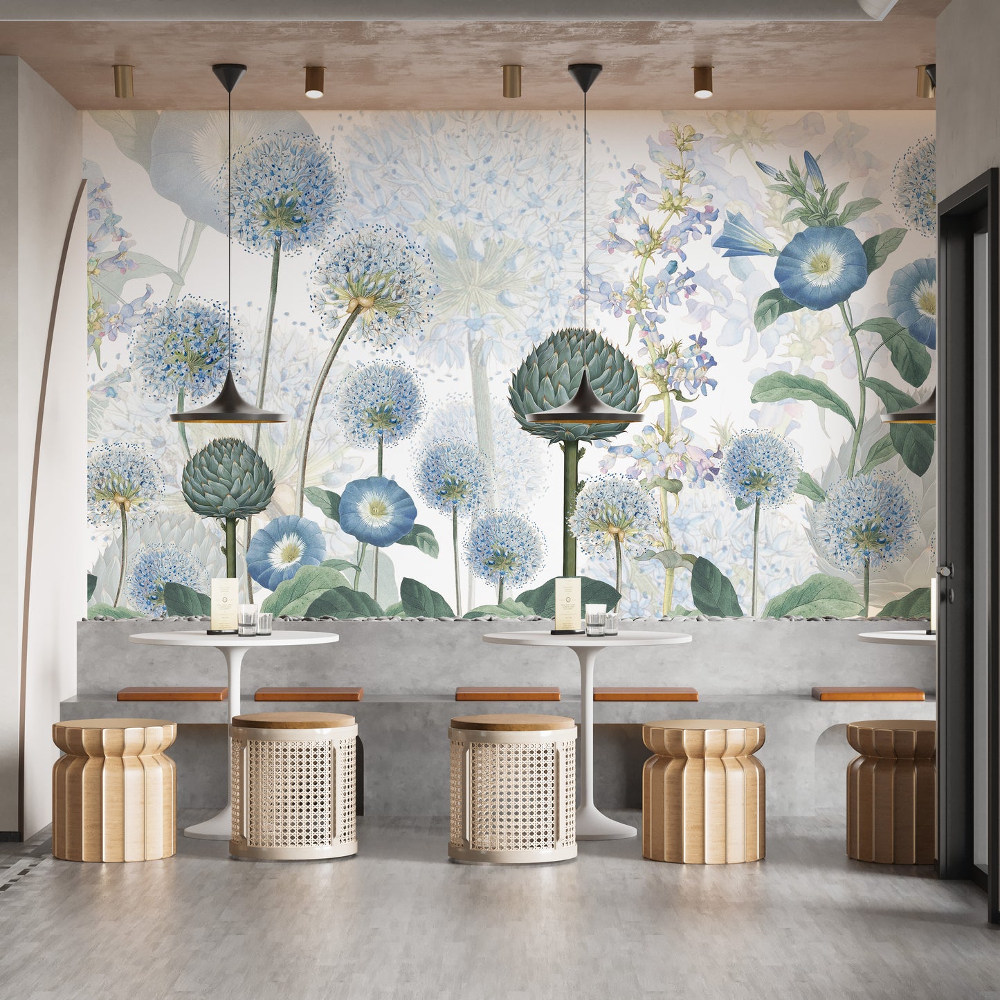 Azure flora-themed mural for serene and elegant interiors
