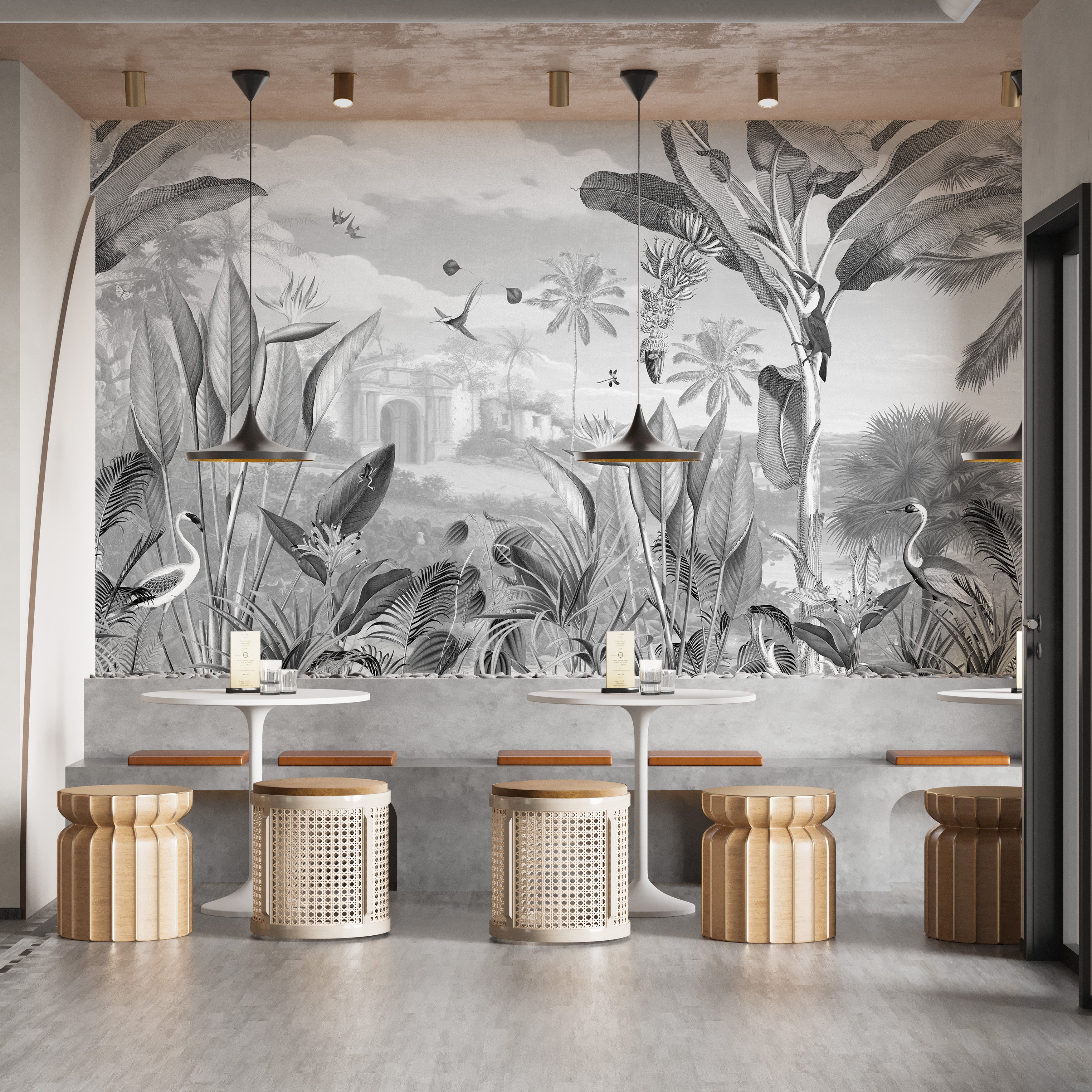 Decorative mural showcasing intricate black-and-white flora
