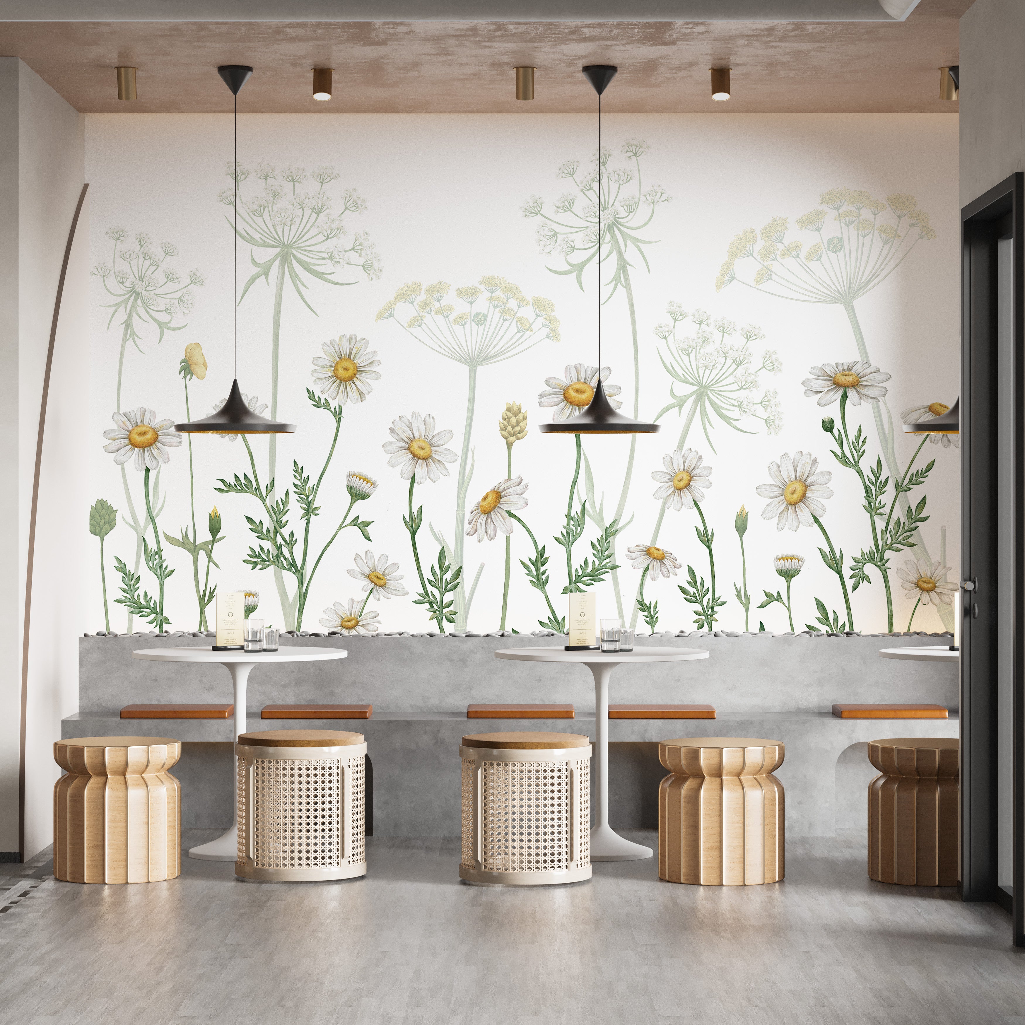 Stunning daisies in a vibrant botanical mural scene.
