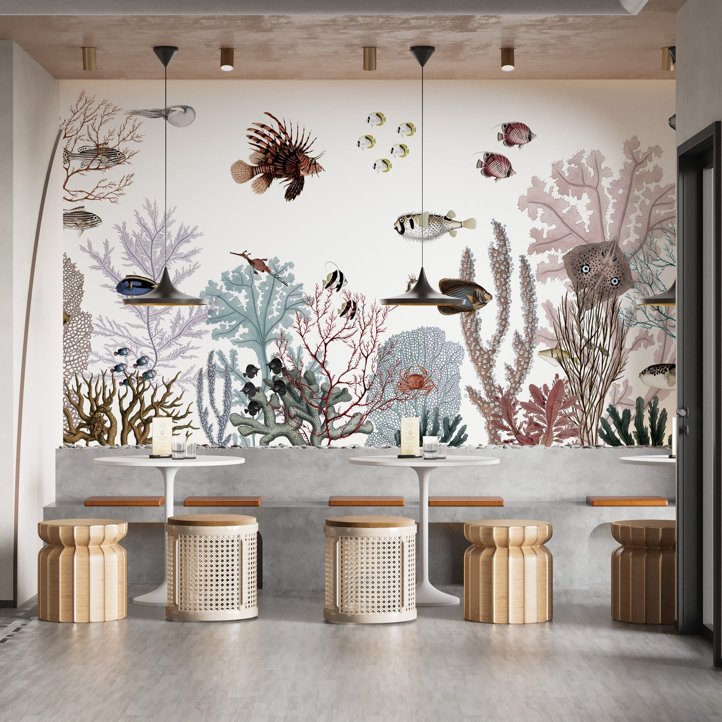 Panorama mural featuring a vivid coral kingdom design.
