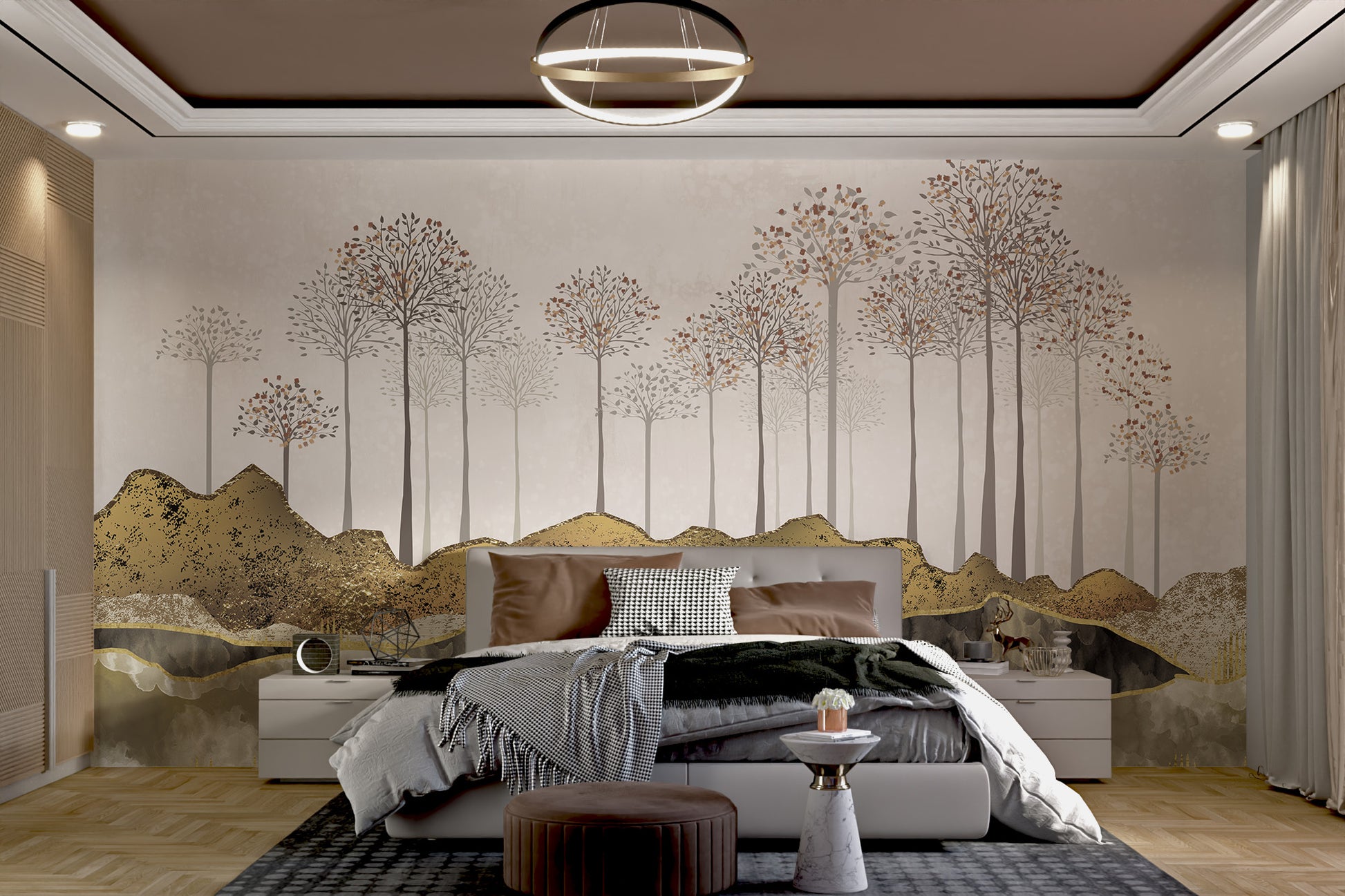 Neutral-toned scenic wall covering with trees
