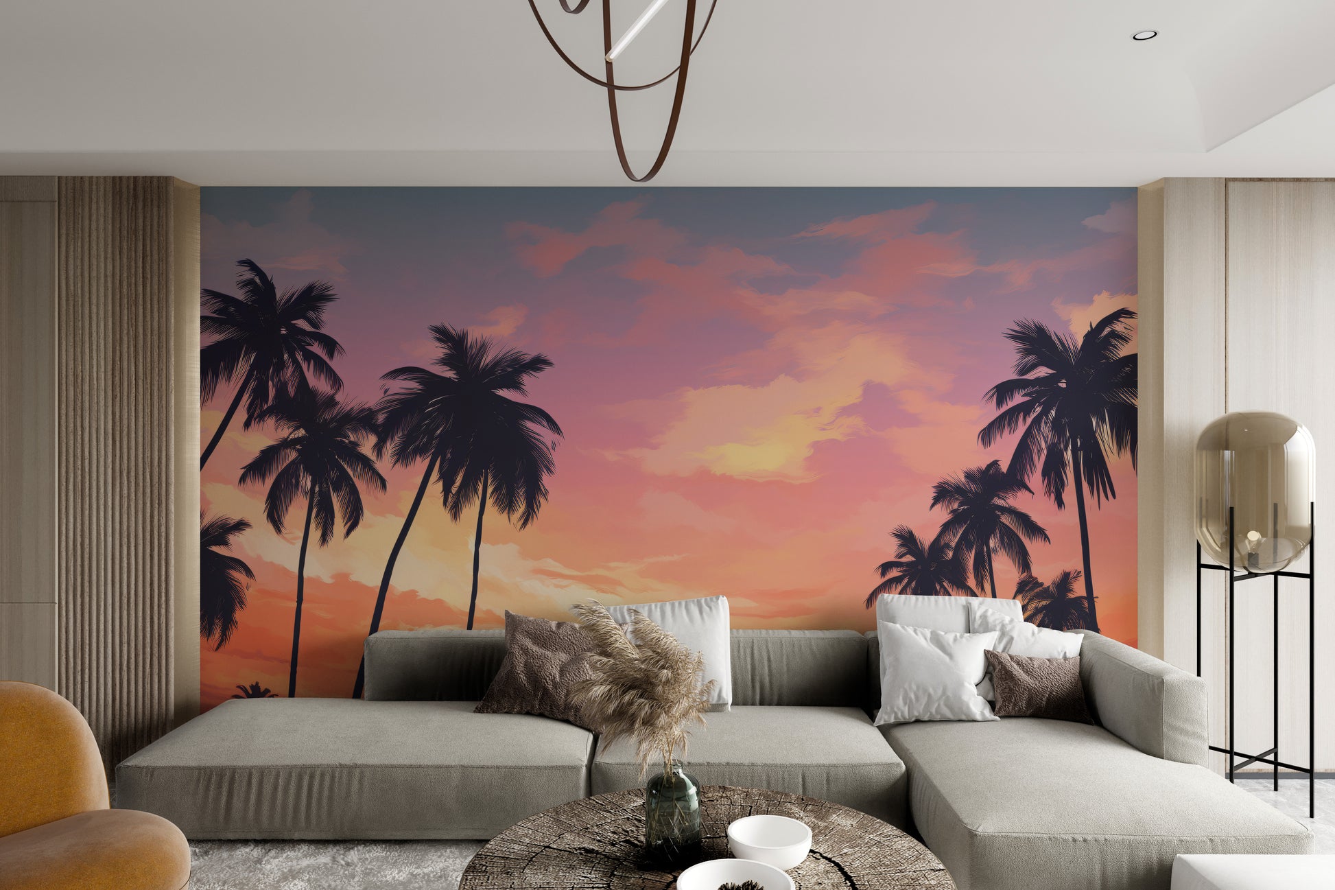 Warm sunset palm forest wallpaper mural
