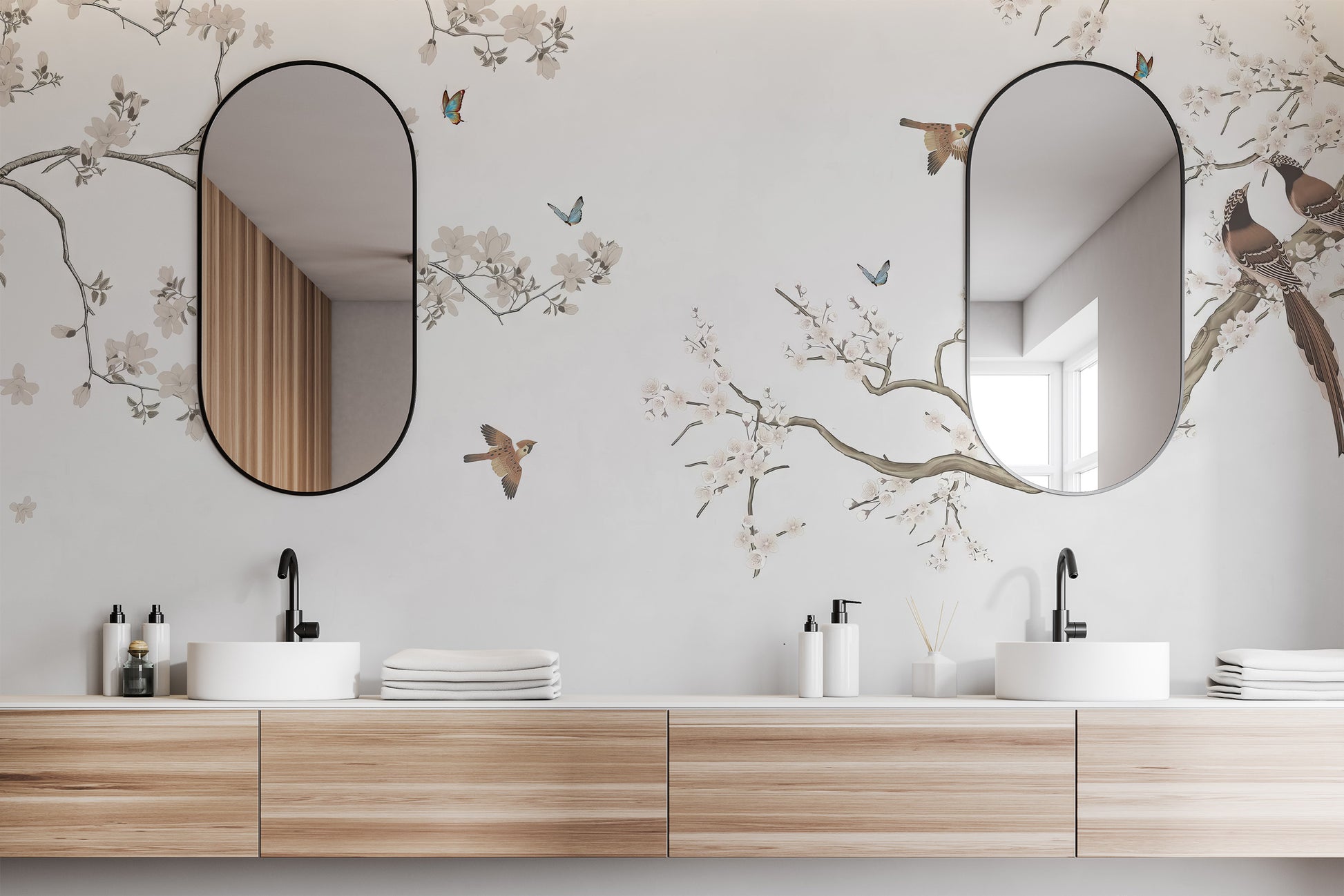 Temporary peach blossom birds wallpaper for elegant spaces