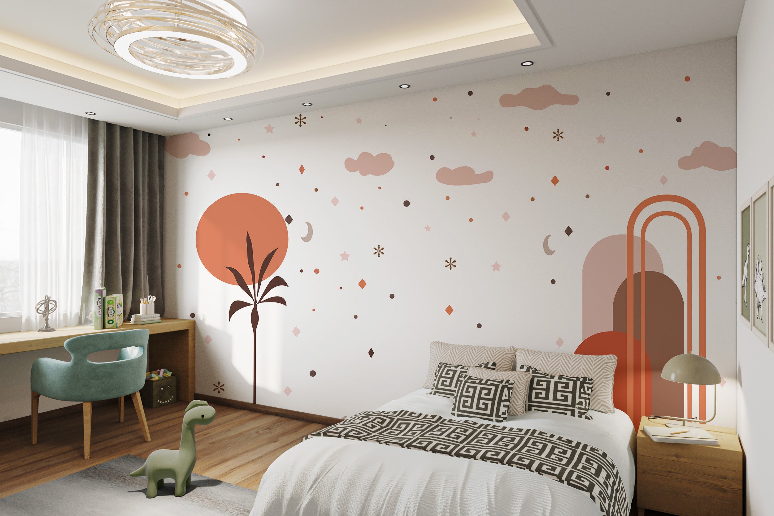 Peaceful kids' wall mural with a dreamy sky theme