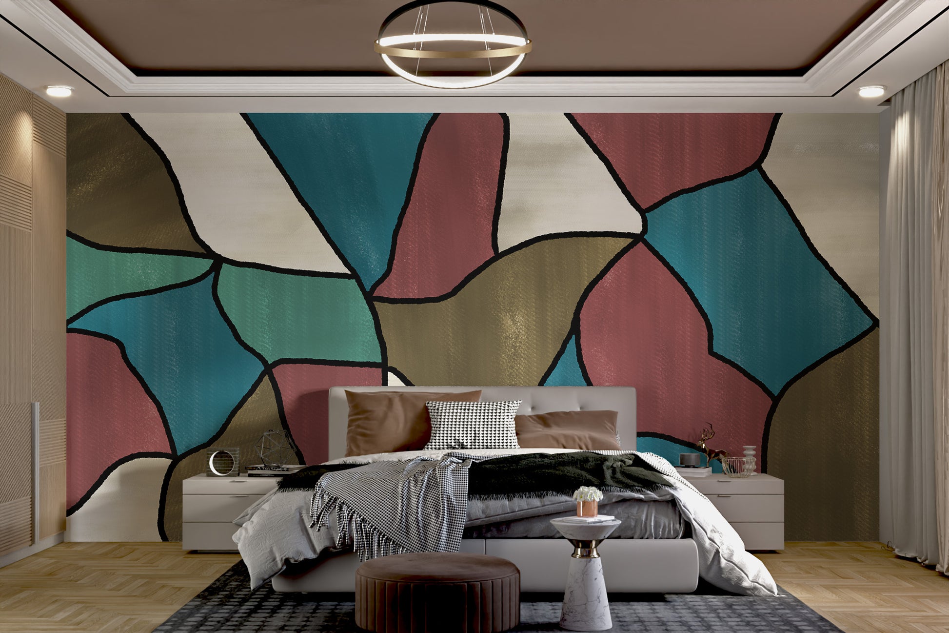 Bold line abstract wall design in warm tones
