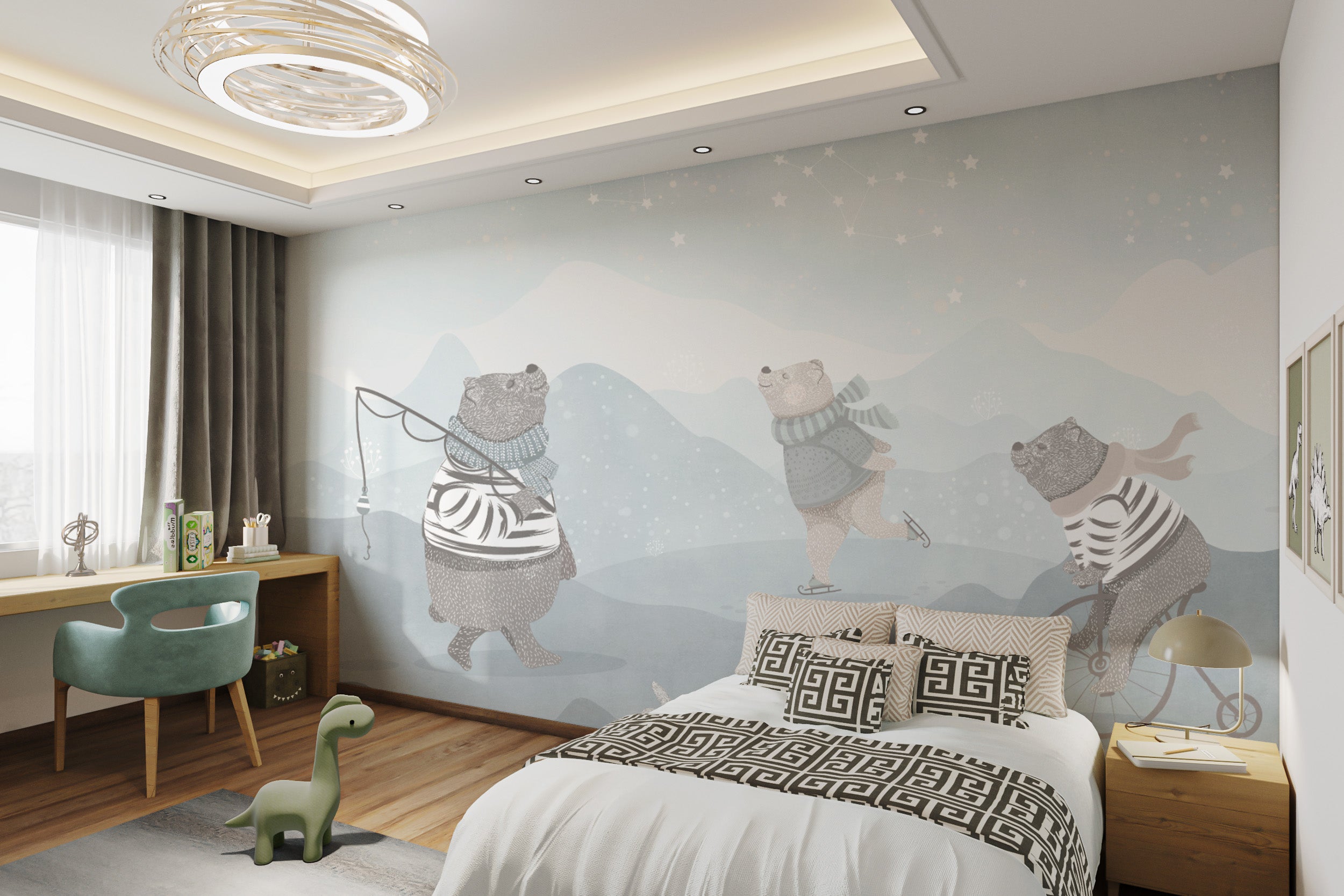 Cute bears enjoying a magical starry night mural