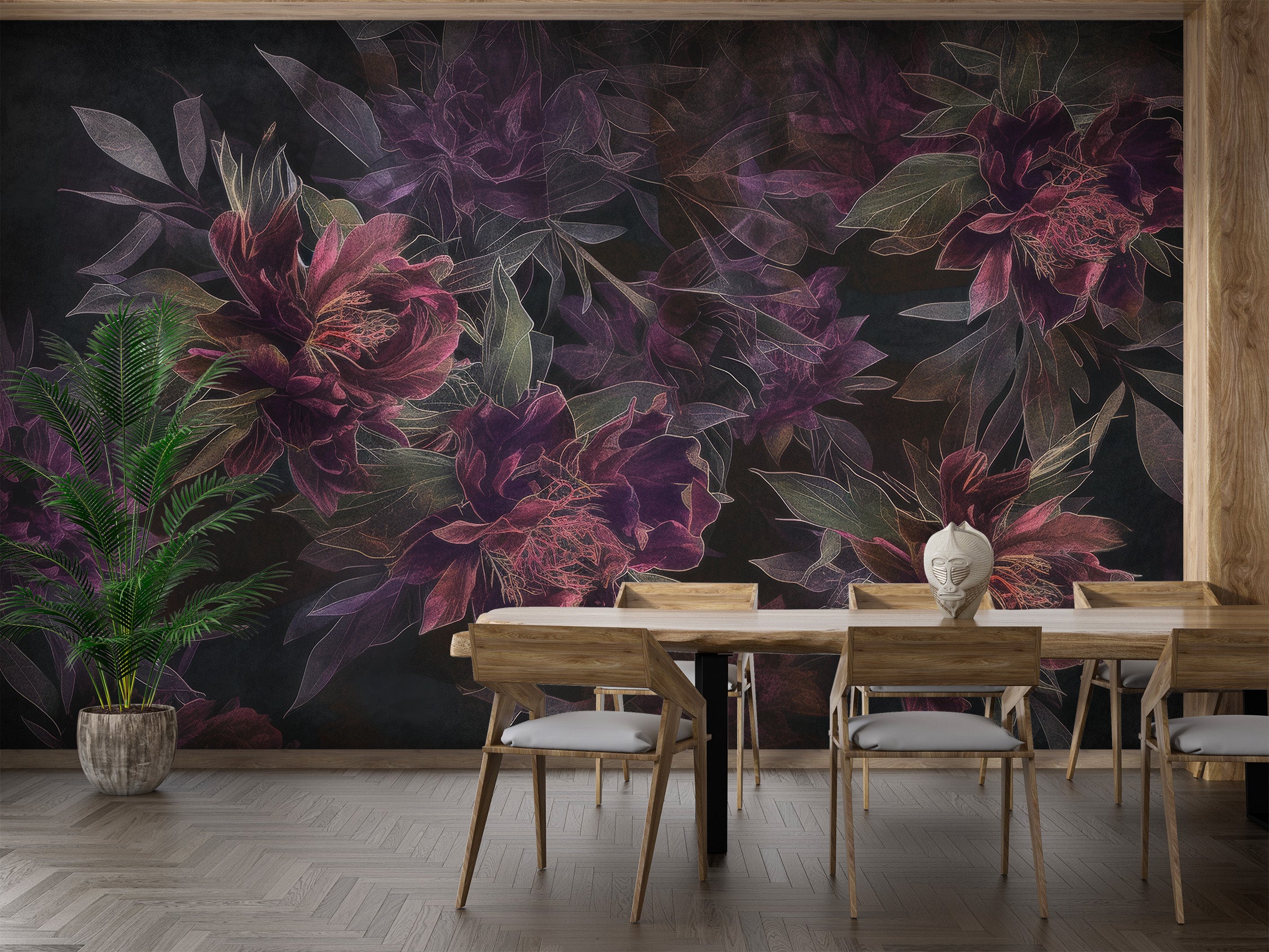 Dark floral botanical wallpaper with moody flowers
