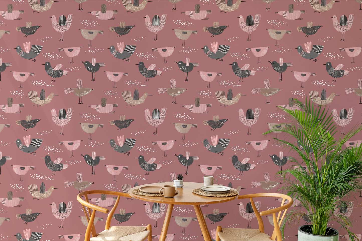 Dark pink wallpaper with hand-drawn pastel bird elements