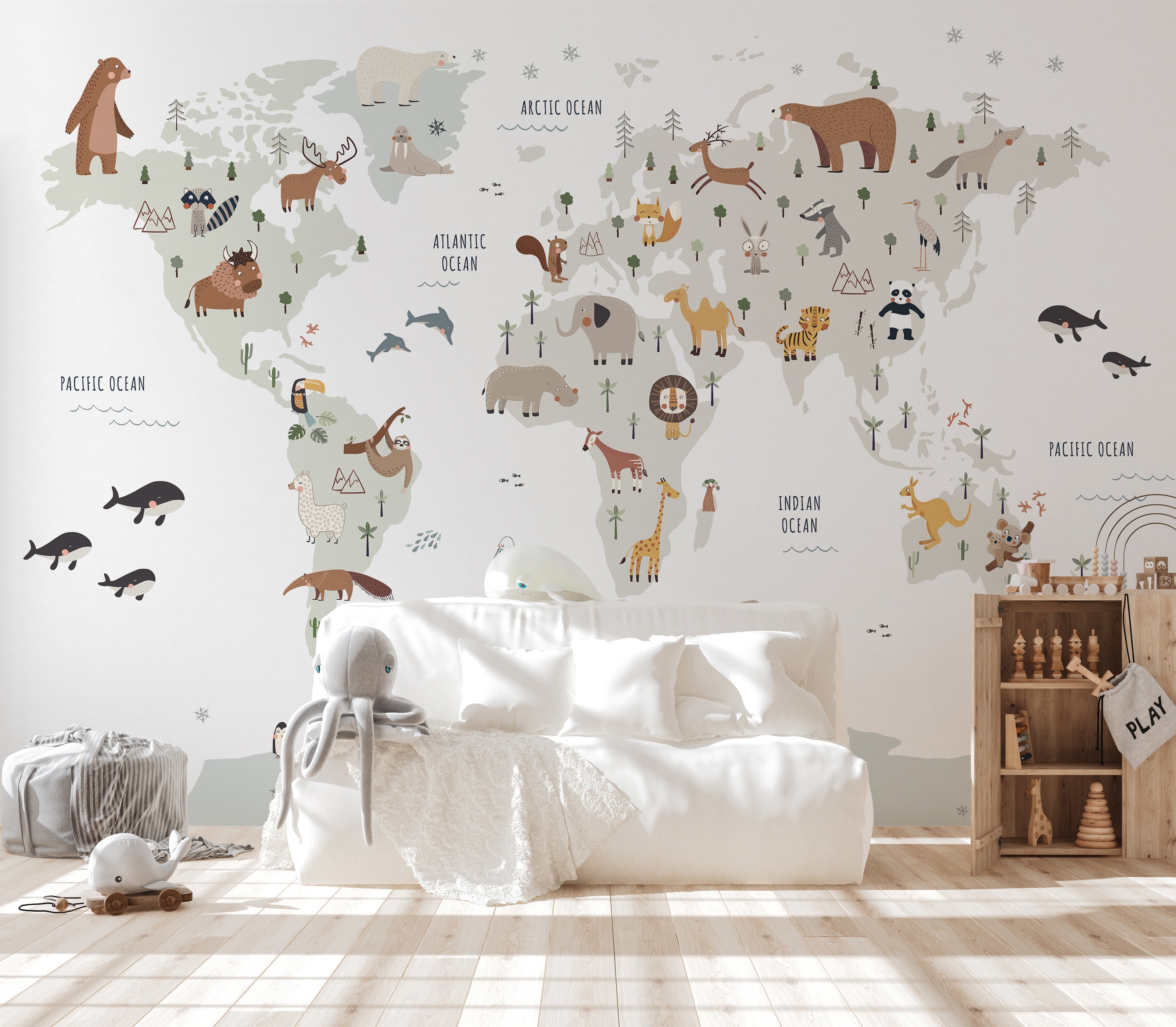 Stylish white wallpaper with a world map and animal motifs