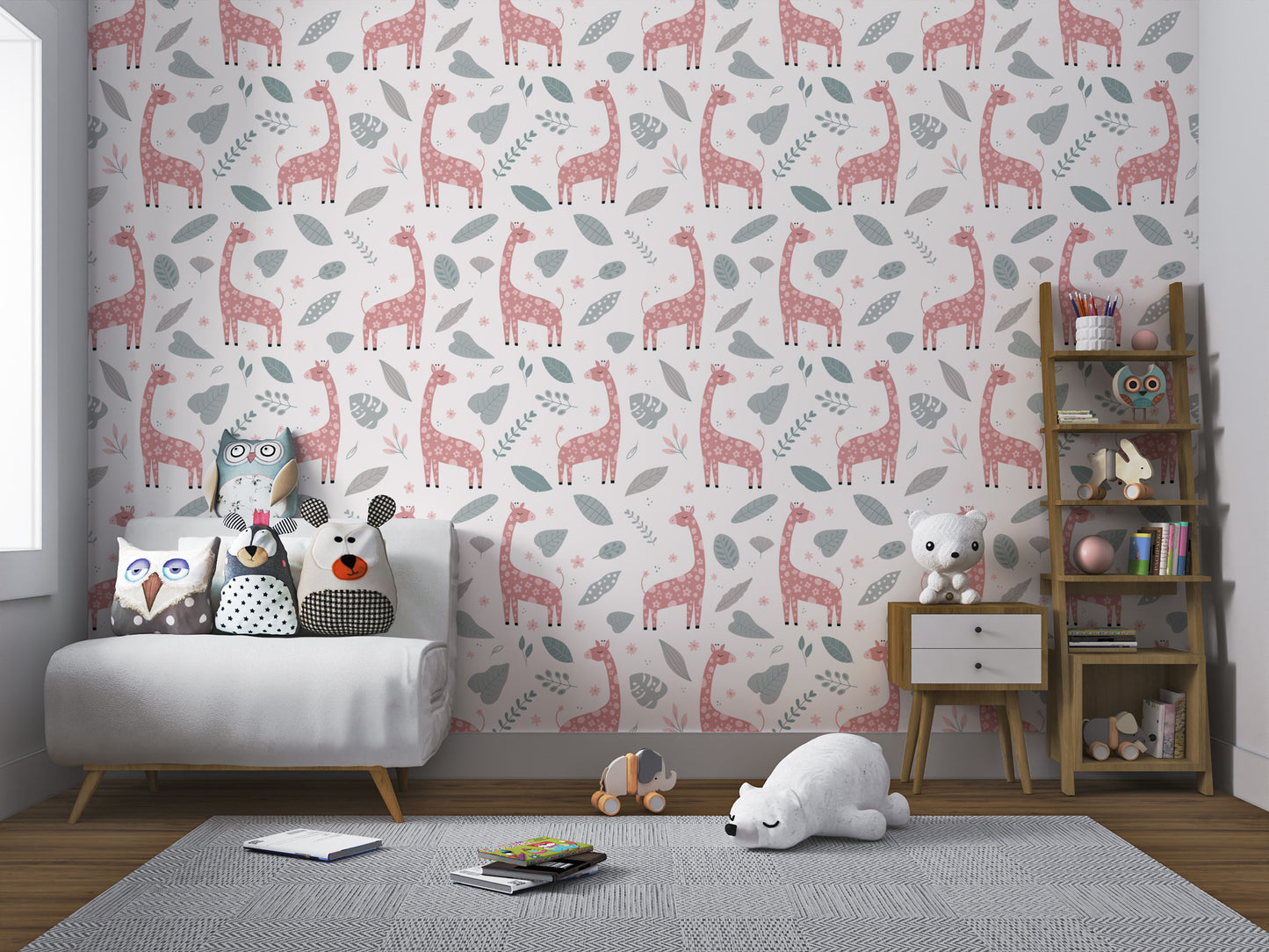 Giraffe and Leaves Wallpaper Mural - Pink