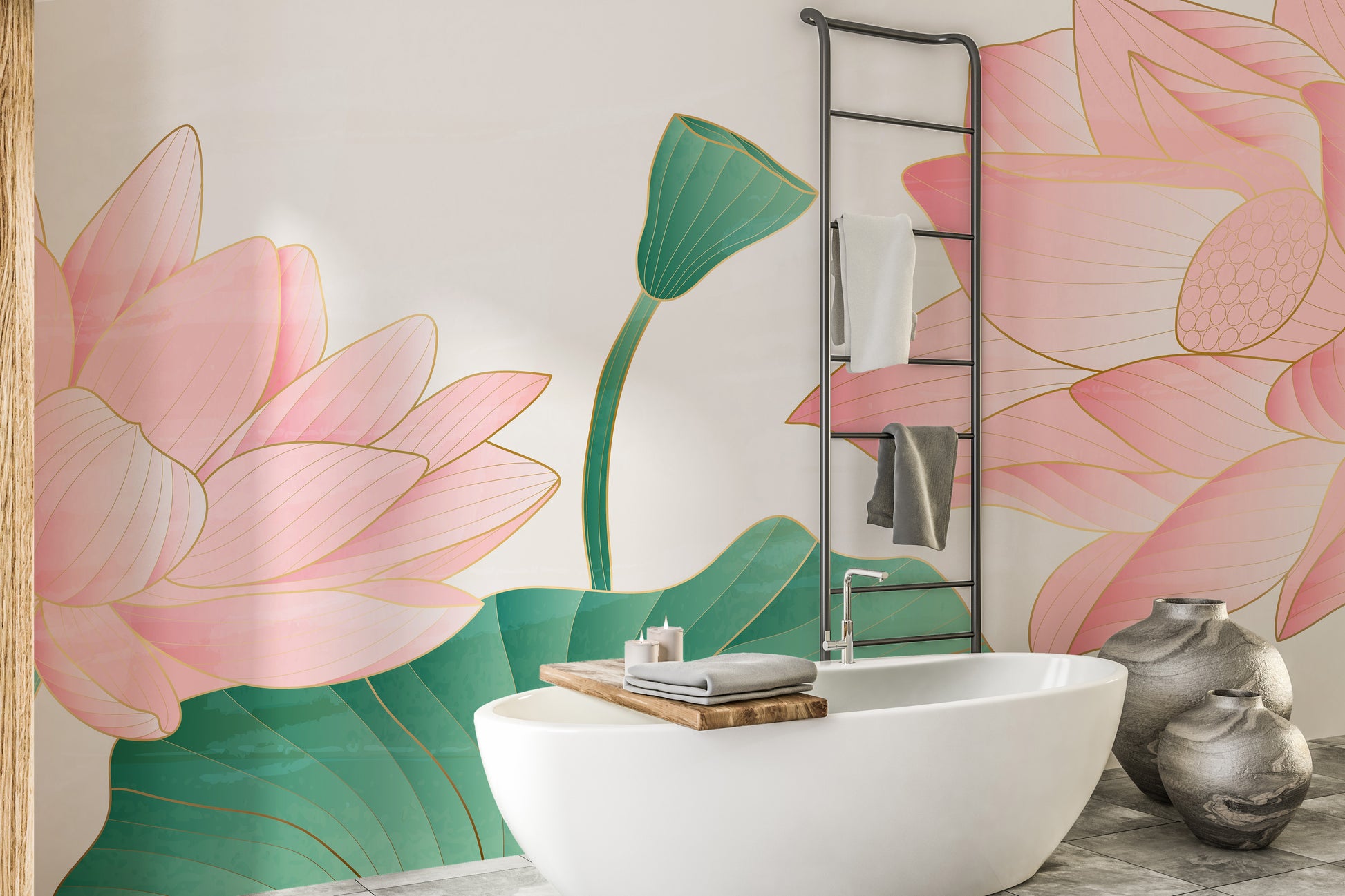 Floral-inspired golden pink mural decor
