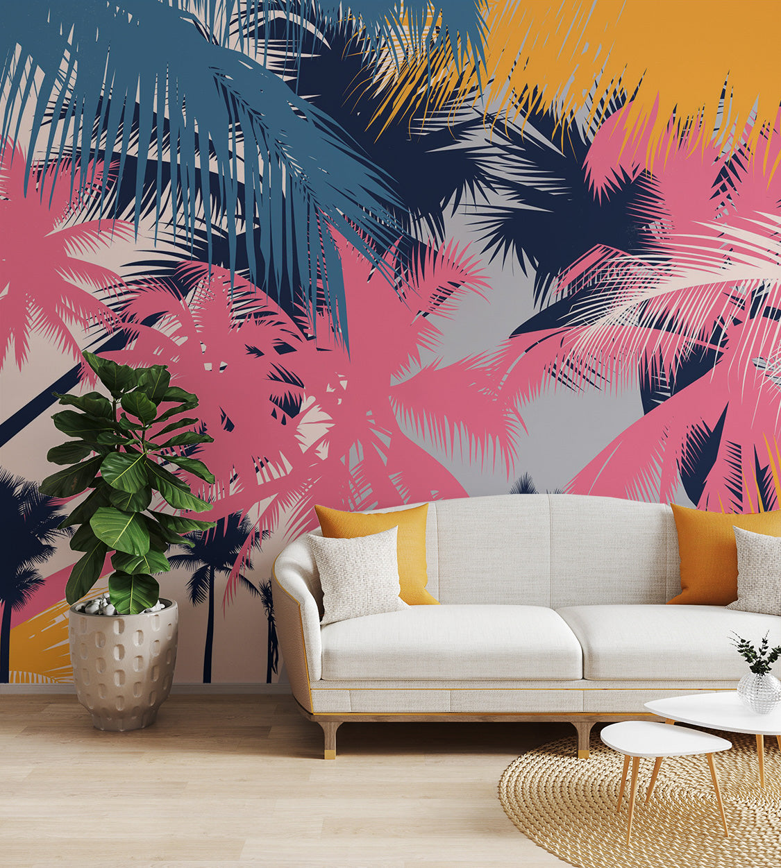 Modern tropical pattern wall covering with palms
