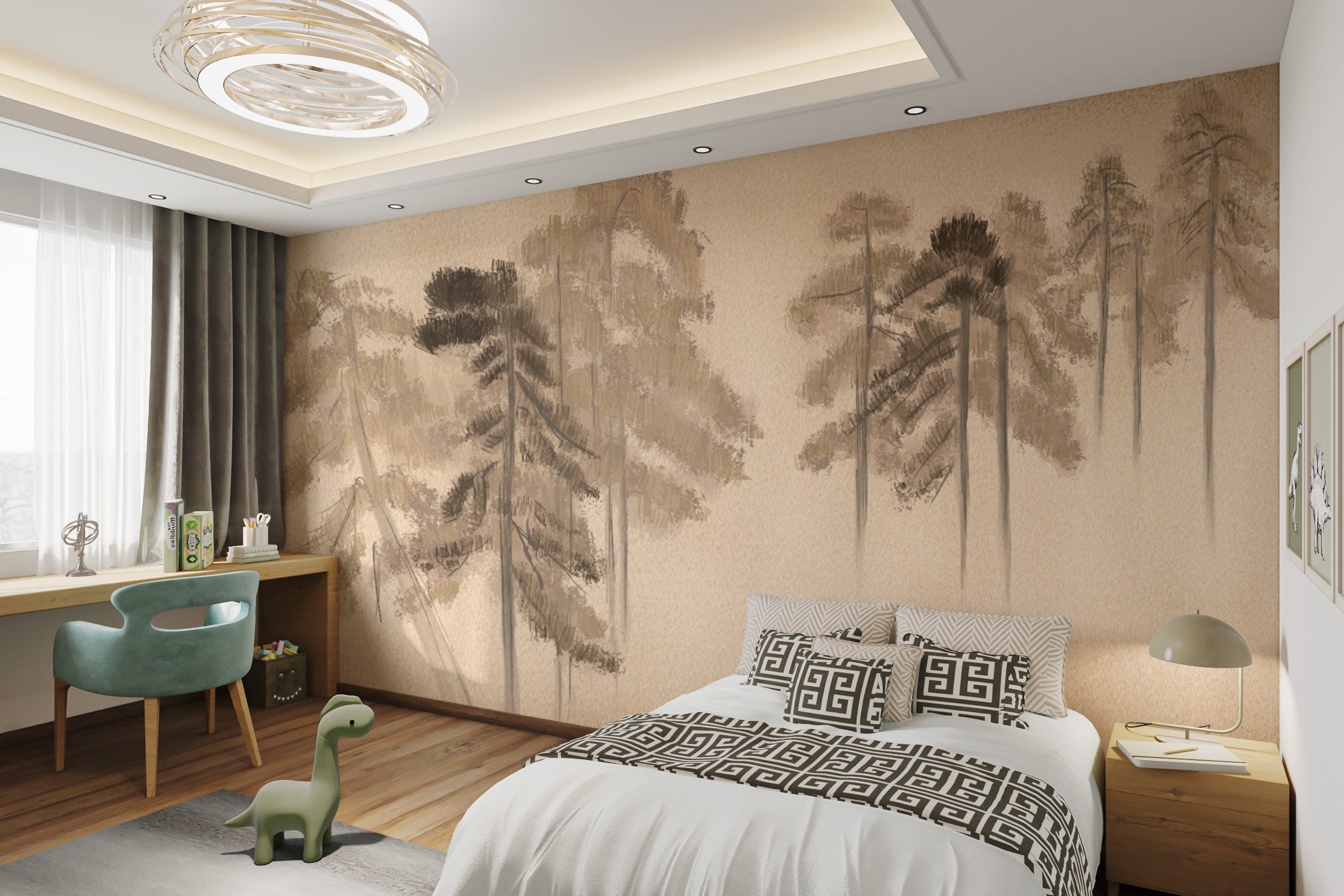 Textured mural showcasing a moody pine forest scene