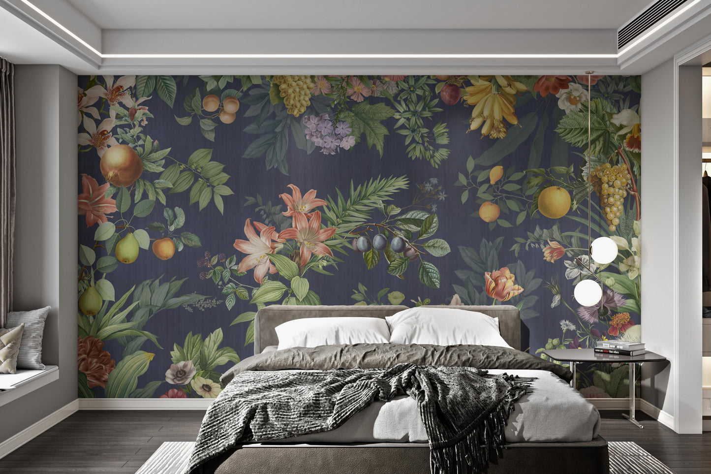 Botanical Floral and Fruit Wallpaper