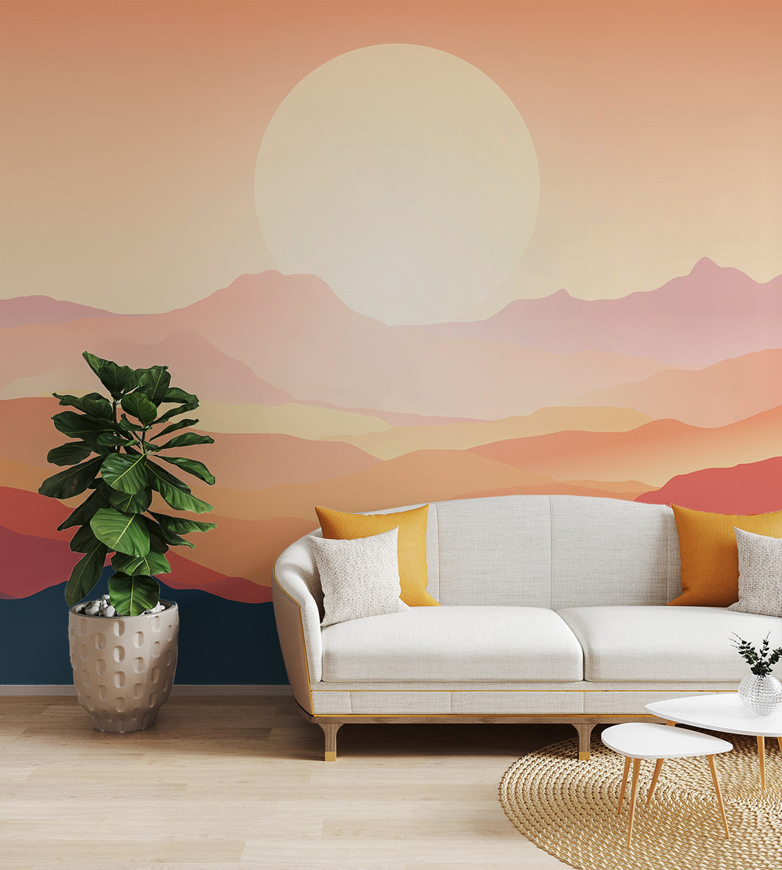 Peaceful mountain view wallpaper in soothing sunset shades
