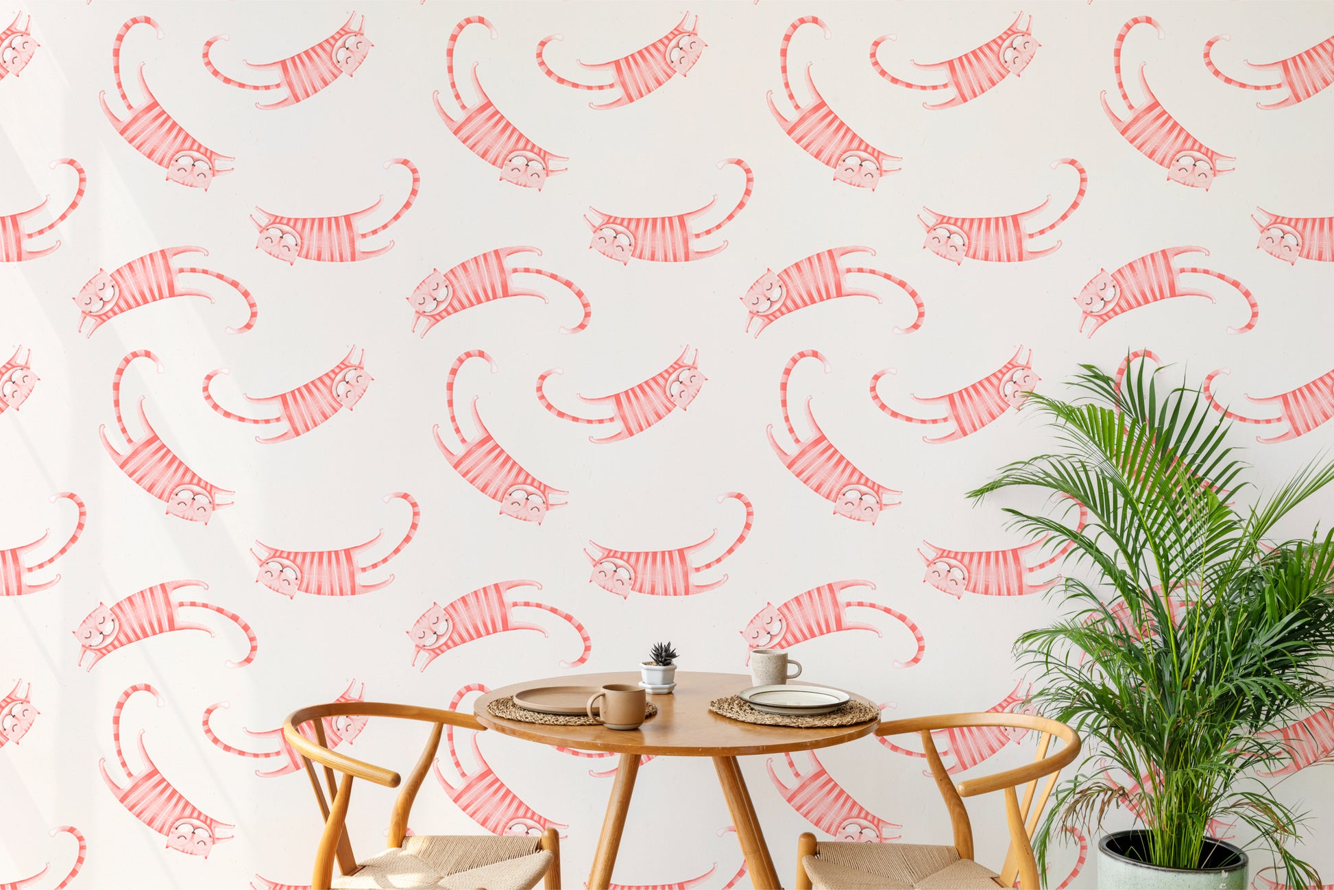 Charming wallpaper with cute pink striped cat motifs