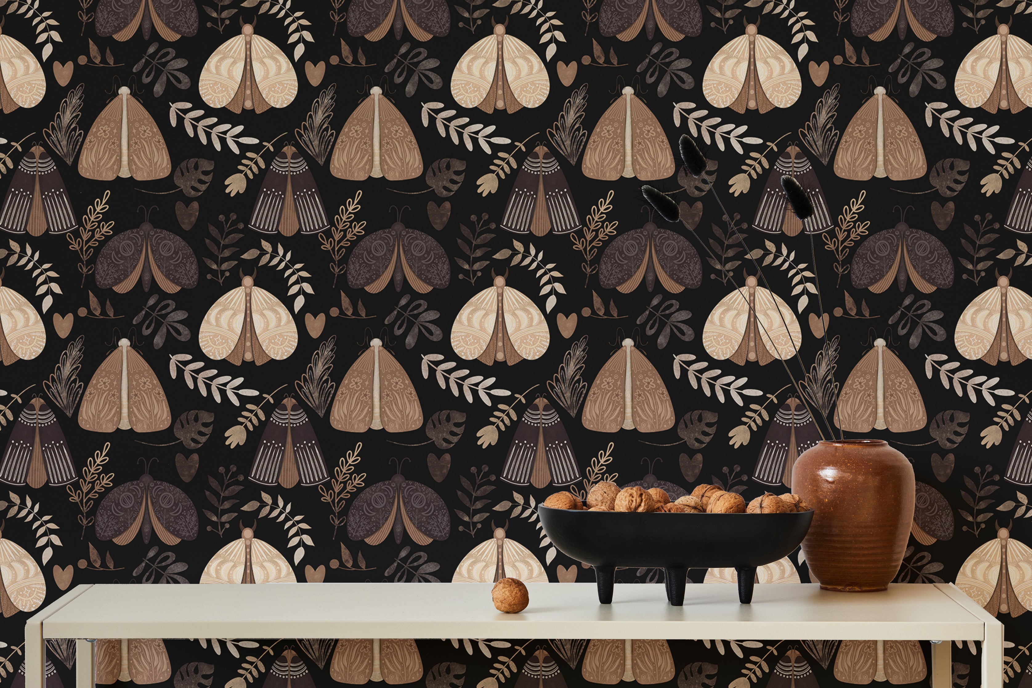 Whimsical wallpaper with moths and intricate floral details