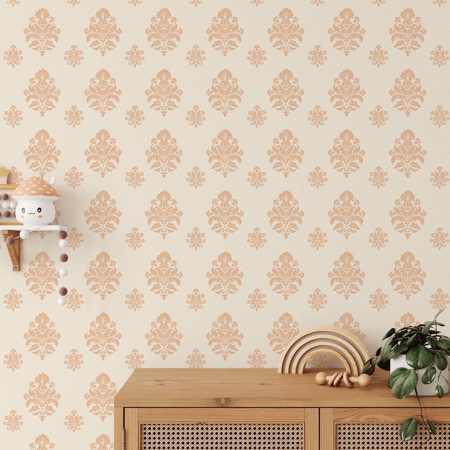 Beige Classical Damask Repeat Pattern Wallpaper