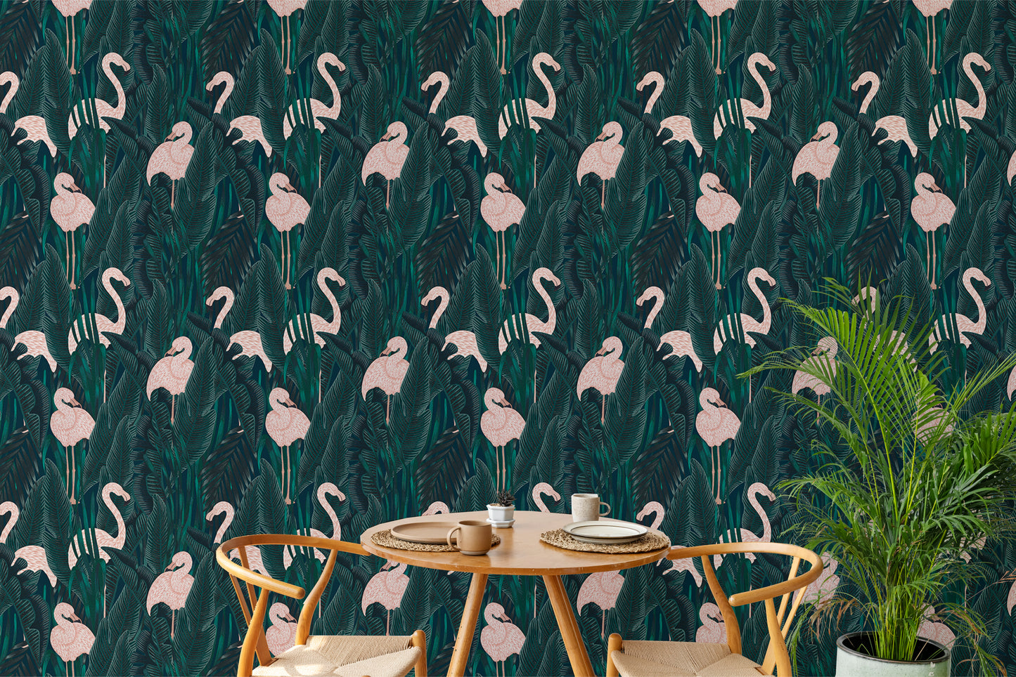 Lush wallpaper featuring graceful pink flamingo designs