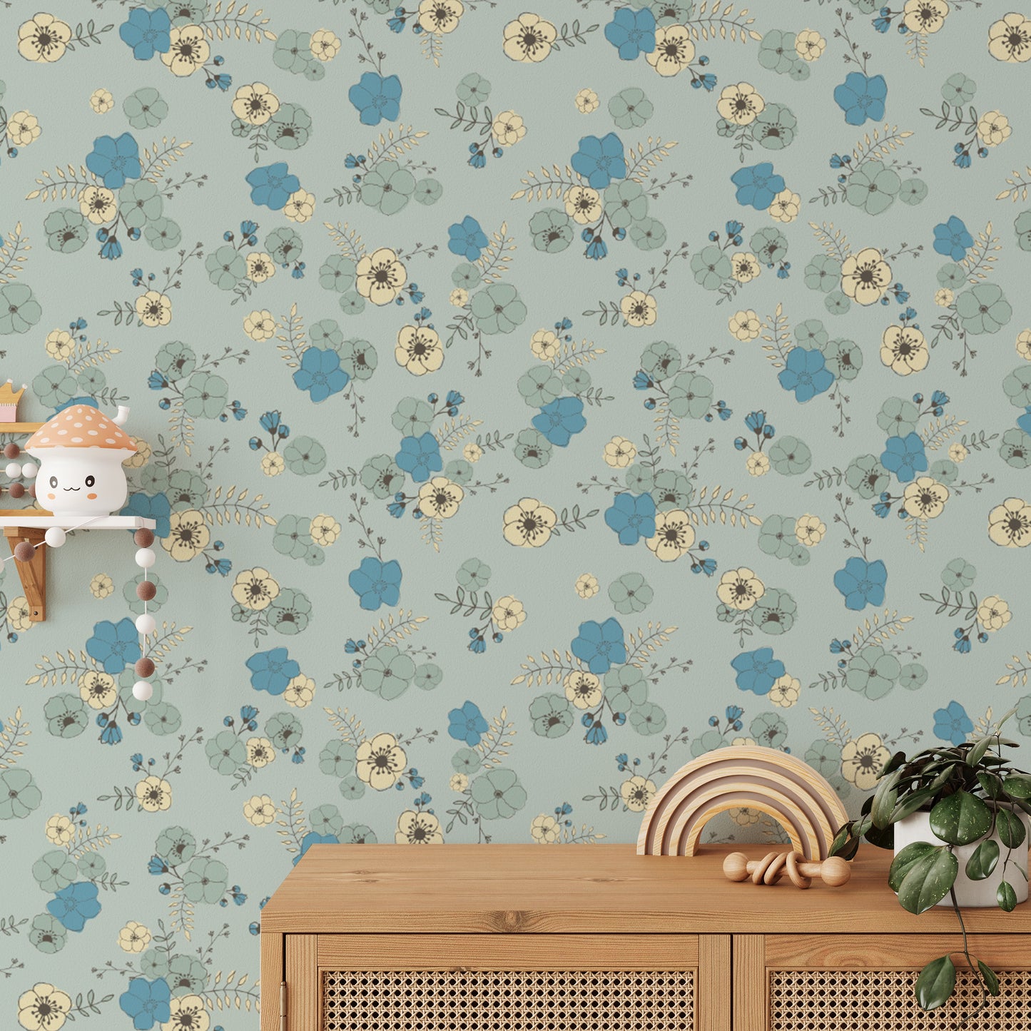 Ditsy Blooms Pastel Blue Wallpaper